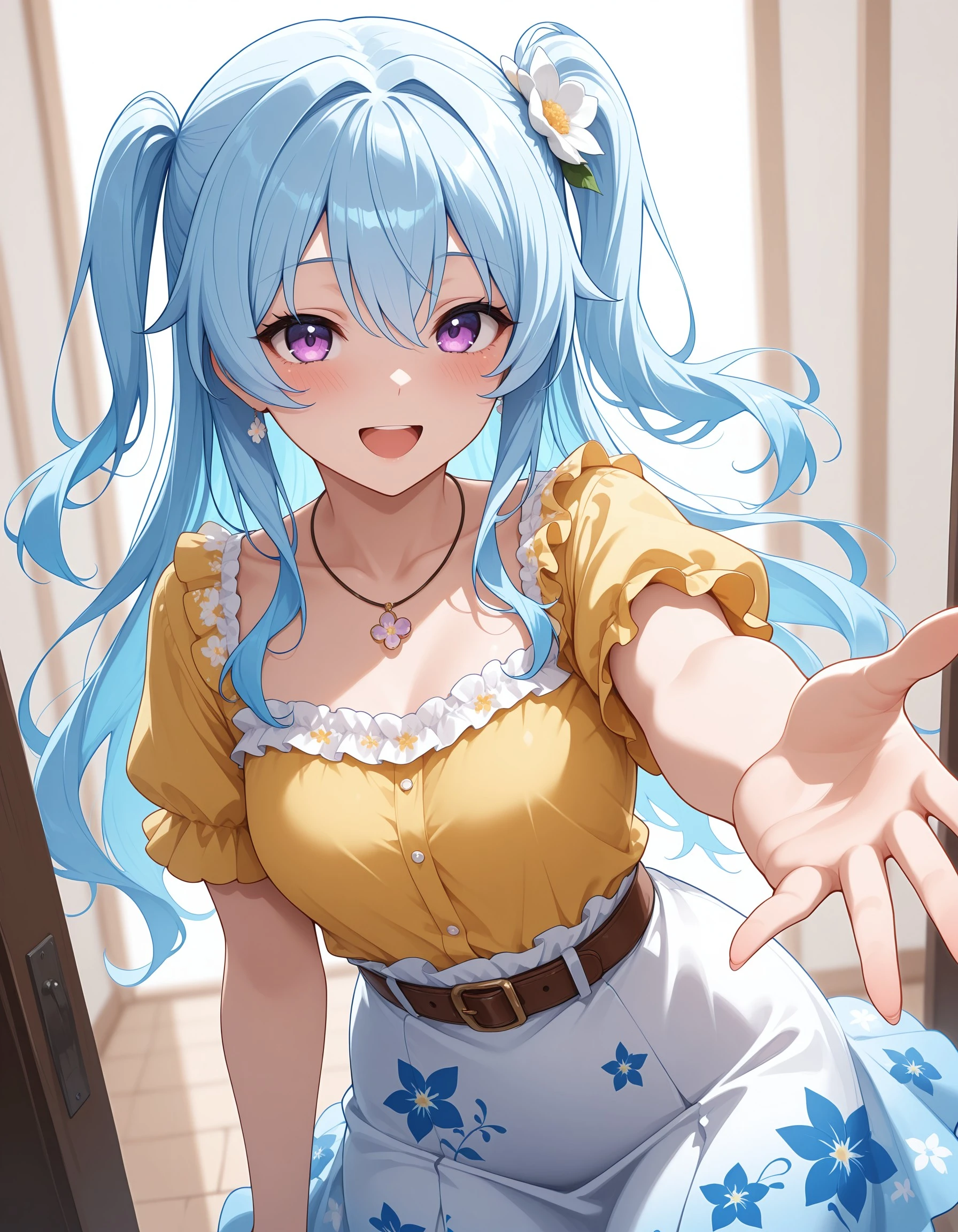 (masterpiece:1.4), (best quality:1.4), (ultra-detailed:1.3), (very aesthetic:1.3), (absurdres:1.4), (perfect :1.3), blue hair, kanonfuee, long hair, purple eyes, light blue hair, hair flower, open mouth, hair ornament, blue hair, flower, one side up, smile, looking at viewer, shirt, frilled sleeves, :d, bangs, white skirt, short sleeves, blush, jewelry, yellow shirt, white flower, frills, blue skirt, necklace, belt, outstretched hand, floral print, brown belt, reaching towards viewer, frilled shirt, kanonfuee, <lora:9a62d4f8-1798-4e51-b906-c8abdeb43115:0.7>