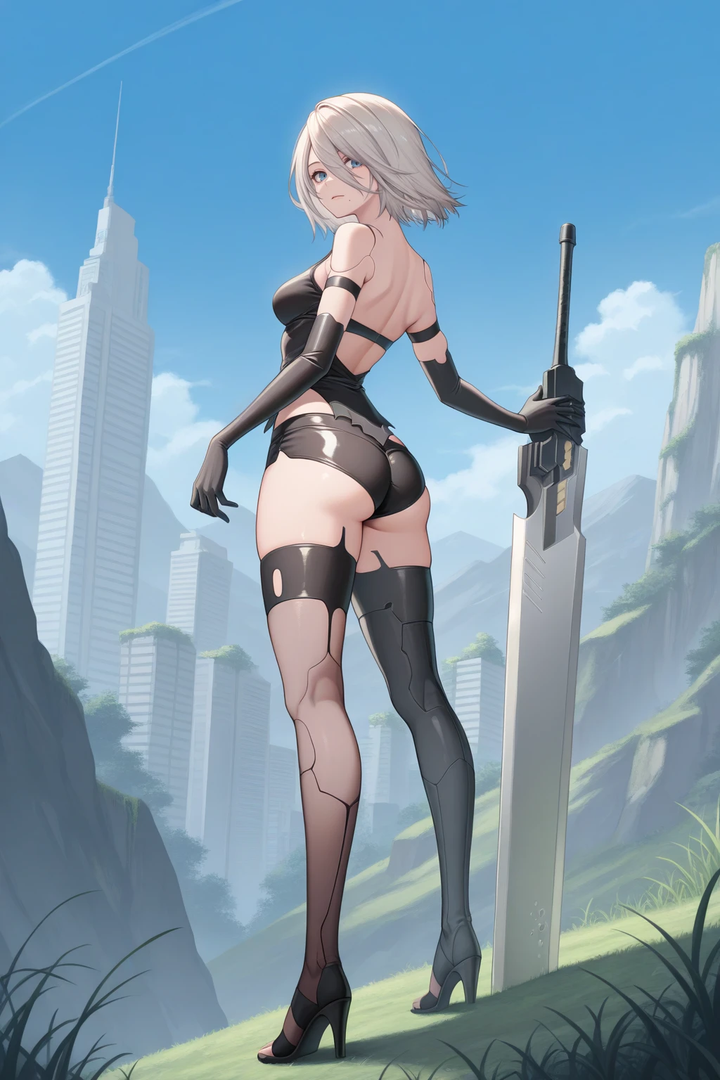 Grayish silver hair Bobcut Black headband Ass w Gothic Squat Pee Sweaty Wet Puddle on the floor