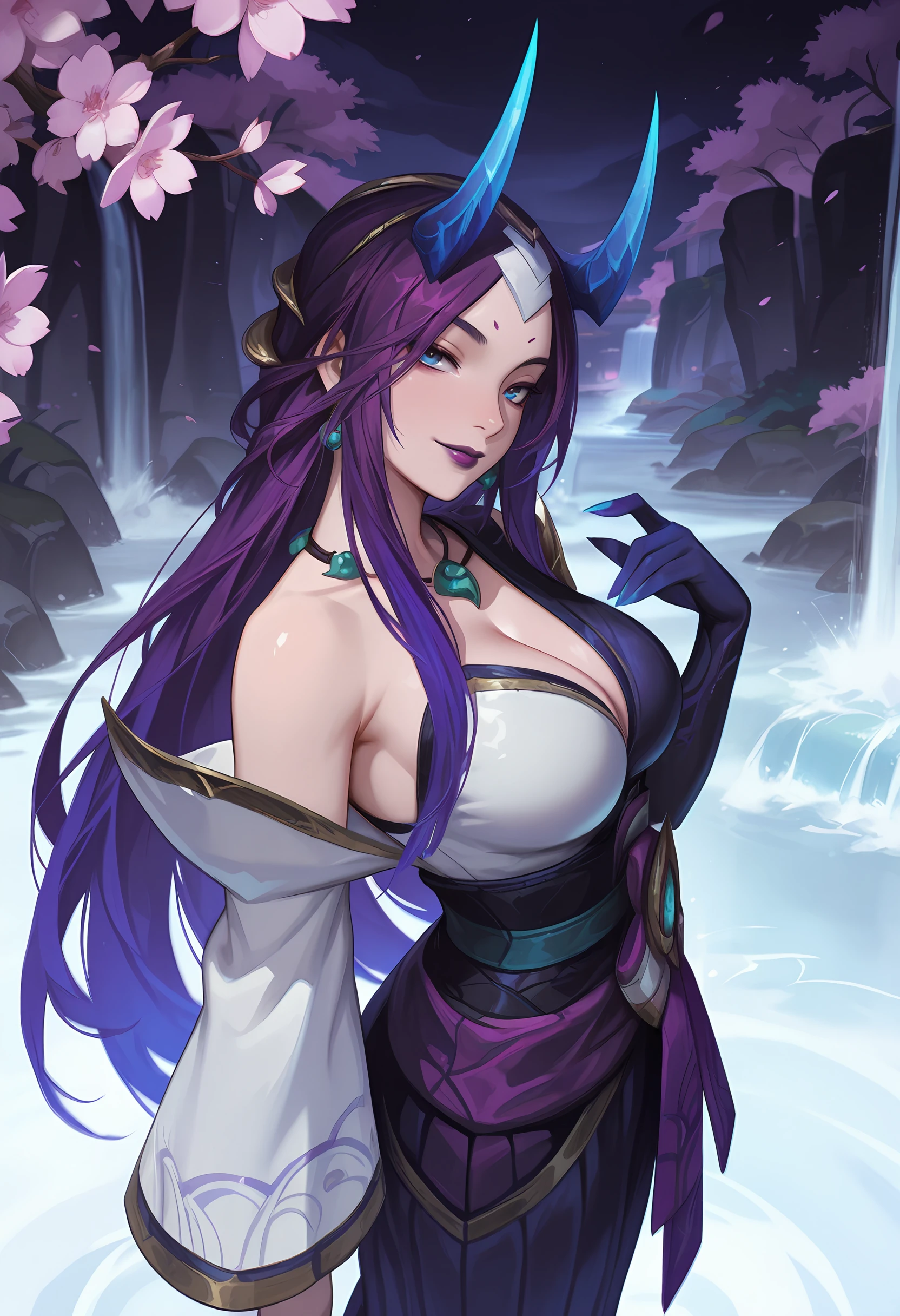 (erotic, seductive, lustful), (masterpiece, best quality), (intricate details), ultra detailed, beautiful and aesthetic, (photo), (1girl), cassiopeia, lipstick, medium breast, ecstatic eyes, blushing, highly detailed, solo, nsfw, league of legends, monster girl, lamia, spirit blossom, purple hair, kimono, paizuri, fondling, titfuck, cum on , bukkake, hard nipples, large nipples