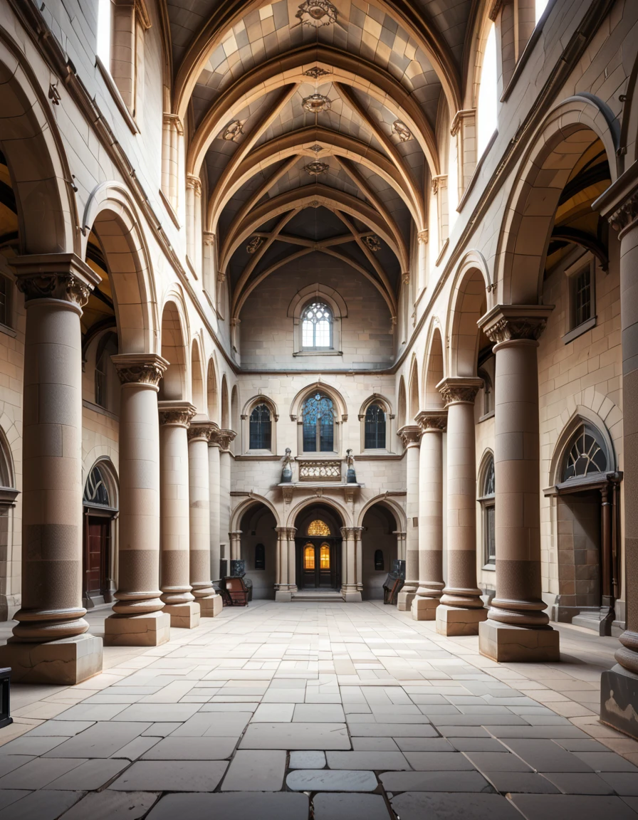 A historical courtyard framed by tall, arched stone arcades with detailed columns and aged masonry. The architecture is reminiscent of a Gothic or medieval European style, with weathered beige and grey stones. The ground is paved with large rectangular stone tiles, slightly uneven and textured with age. Soft natural daylight illuminates the courtyard, casting gentle shadows under the arches. The space feels both grand and enclosed, evoking the atmosphere of an ancient university or magical institution,historical c0urty4rd, <lora:historical_c0urty4rd-p:1>,score_9, score_8_up, score_7_up,amazing quality, ultra realistic, 3D, HD, best quality, amazing quality, very aesthetic, absurdres