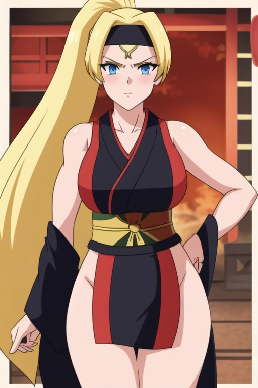 1girl, solo, hoshiguma yuugi, blonde hair, red eyes, horn, kimono, cleavage, standing, outdoors, night, hands on hips, japanese architecture, looking at viewer, smile <lora:char-yuugi:1> <lora:artist-chahan:1>