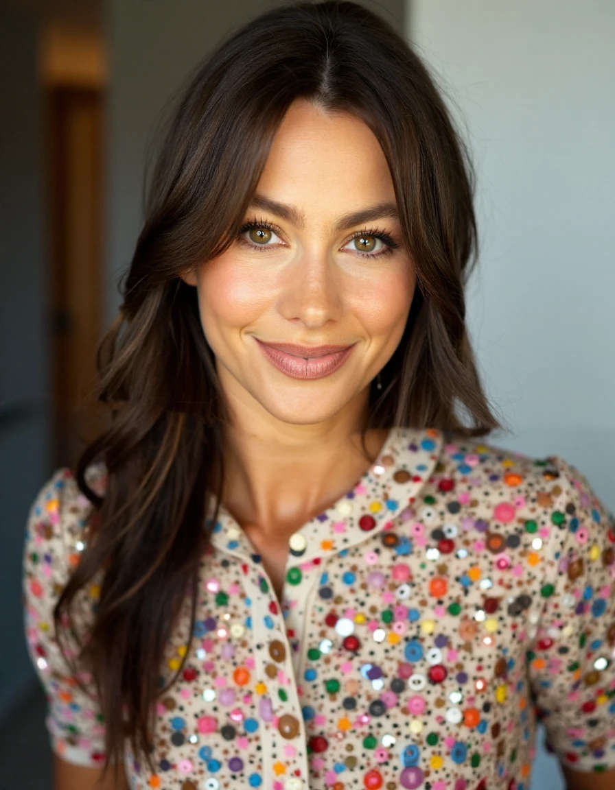 beautiful sequined painter's smock buttoned to the top <lora:zz_s_Chest_Size_Slider:-2> buttoned up top