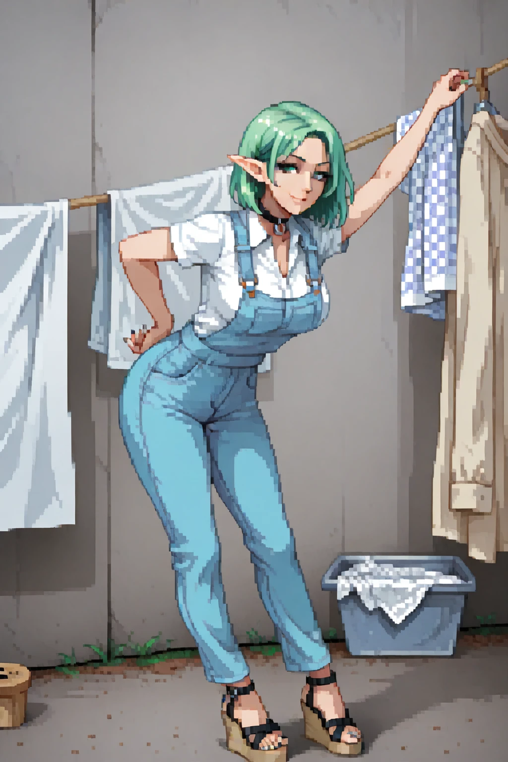 masterpiece, best quality. A full body image of a young beautiful woman. She is Dressed in a Work Shirt and Overalls, Collared Shirt, (Wedge Heels:1.3), (Cork Wedges:1.3). toes, toenail polish. Confident, Proud, Alluring, Smirk, Dynamic Pose, Standing, outdoors, Slave Collar. Perfect body, sexy, beautiful, eyeliner, Nail Polish. Pretty Nose. 1Girl, Anime, Pixel Art. pixelart. Pixel. SNES Graphics. SNES Style. tasteful sensuality, softcore. (Vintage Laundry:1.5), Clothesline, Wringer, Laundry Wringer, Drying Laundry, Hanging Laundry, Sexy Elf Woman. Elf Ears, (Green Hair:1.4), Pretty Feet, large breasts, Curvy, Short Hair, Green Eyes,