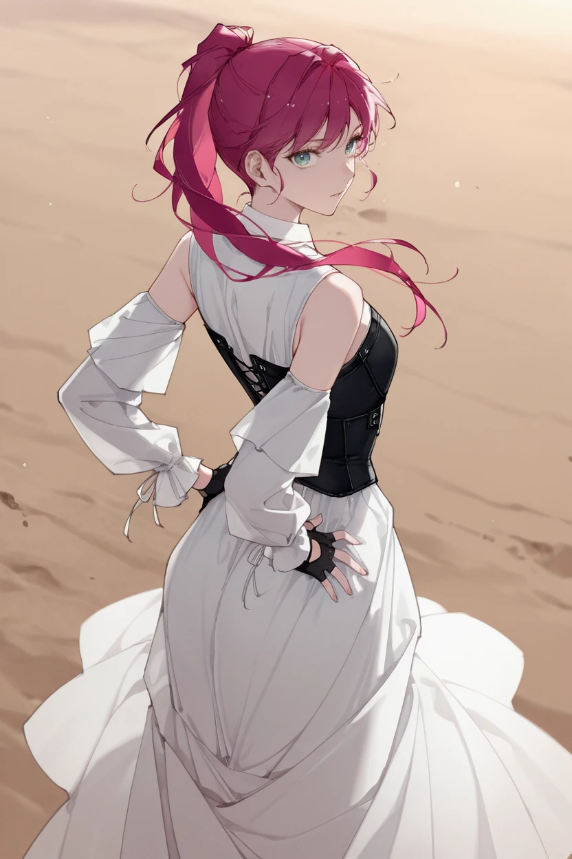 masterpiece, best quality, very aesthetic, newest, absurdres, highres,
1girl, solo,
<lora:RockWaShinanaiDressIllustriousV1:1> rockwashinanaidress, collared dress, white dress, long sleeves, bodice, fingerless gloves, black gloves, detached sleeves,
<lora:Penelope_Eckhart_-_Death_Is_the_Only_Ending_for_the_Villainess-Kaleid_Illustrious:0.8> penelopeeckhart, pink hair, green eyes, ponytail,
from behind, hand on own hip, looking at viewer, outdoors, sand, floating hair, floating clothes,
<lora:YuYuHuadiaoIllustriousV1:1> yuyuhuadiao