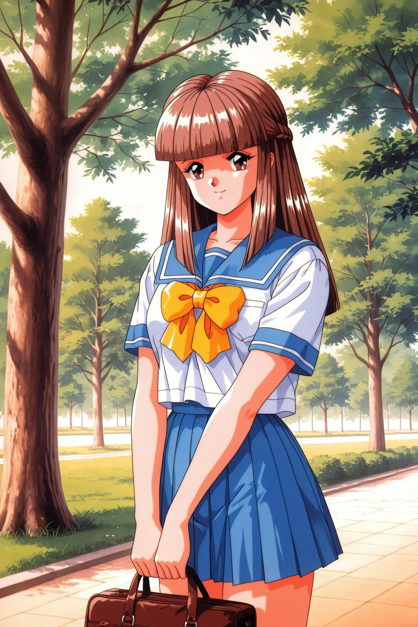 Original Style,Megumi Mikihara,1girl,solo,school uniform,brown hair,long hair,short sleeves,skirt,retro artstyle,brown eyes,outdoors,school bag,1990s \(style\),blue skirt,bow,smile,pleated skirt,looking at viewer,tree,yellow bow,sailor collar,blunt bangs,day,braid,
<lora:Tokimeki Memorial_illustriousXL_v2:1>,