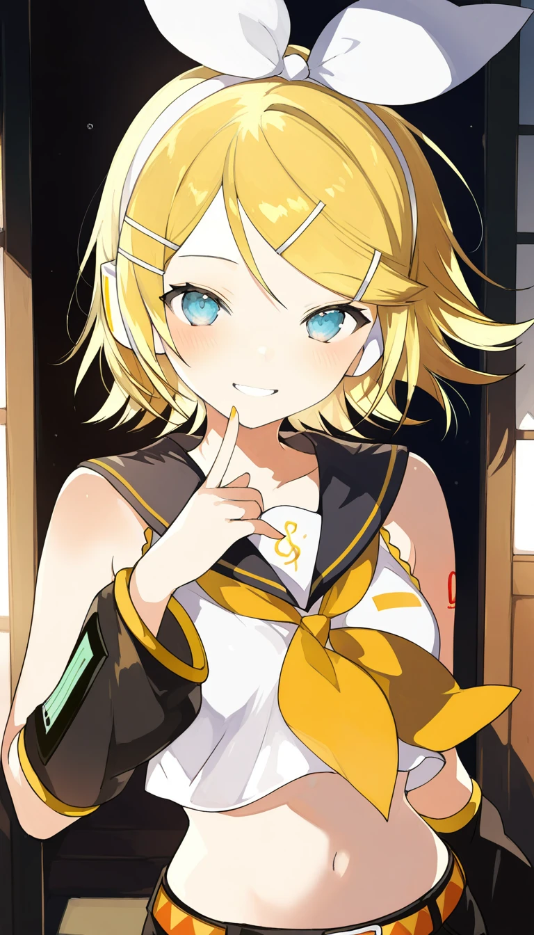 (masterpiece),best quality,amazing quality,very aesthetic,absurdres,newest,perfect body,shiny skin,perfect eyes,detail1eye,well-defined fingers,well-defined fingernails,anime style,indoors,1girl,solo,upper body,(portrait:1.5),looking at viewer,facing viewer,smile,blush,Lpip style,kagamine rin,short hair,blonde hair,floating hair,white hairband,hair bow,white bow,hairclip,swept bangs,blue eyes,collarbone,bare shoulders,black sailor collar,white shirt,sleeveless shirt,crop top,midriff,yellow neckerchief,black sleeves,detached sleeves,medium breasts,navel,stomach,orange belt,fringe,short shorts,black shorts,leg warmers,white footwear,<lora:Kagamine Rin(voc)-Illus-Remake:1.6>,<lora:Lpip[style]-Illus:1.6>,
