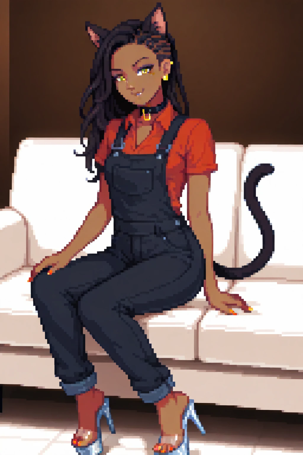 masterpiece, best quality. A full body image of a young beautiful woman. She is Dressed in a Work Shirt and Overalls, Collared Shirt, Platform Heels, Clear Heels, clear platform, Stripper Heels, Acrylic Heels, 6" Heels, 2" platform. toes, toenail polish. Confident, Proud, Alluring, Smirk, Sitting on a Sofa, Dynamic Pose, Sexy Pose, Slave Collar. perfect body, sexy, beautiful, eyeliner, Nail Polish. Pretty Nose. Anime, Pixel Art. pixelart. Pixel. SNES Graphics. SNES Style. tasteful sensuality, softcore. Sexy Cat Woman. Cat Ears, Cat Tail, Dark Skin, Long Hair, Dark Hair, (Cornrows:1.2), (Caribbean Woman:1.1), dark_skin, dark-skin, black woman. Small Breasts, Yellow Eyes,
