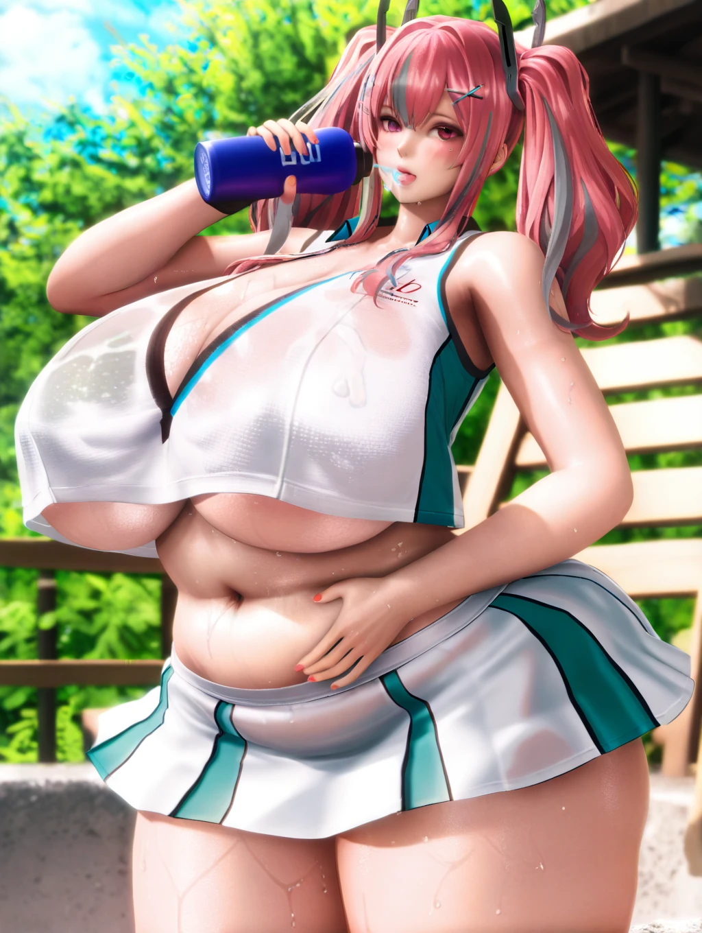 curvy, Highest quality, Super detailed, masterpiece, Ultra-high resolution, 8K, Embarrassing, blush, Lovely, Open your mouth, What saliva leaves behind, [1girl, Izumi Sagiri, eromanga sensei], (white tanktop), (micro mini skirt), ( T-back panties), Wet skirt hem, (Sticky panties:1.1), (cleavage), Classroom Background, (big breasts), (close up breats), (crop top navel), (waist line), Accidentally exposed panties
