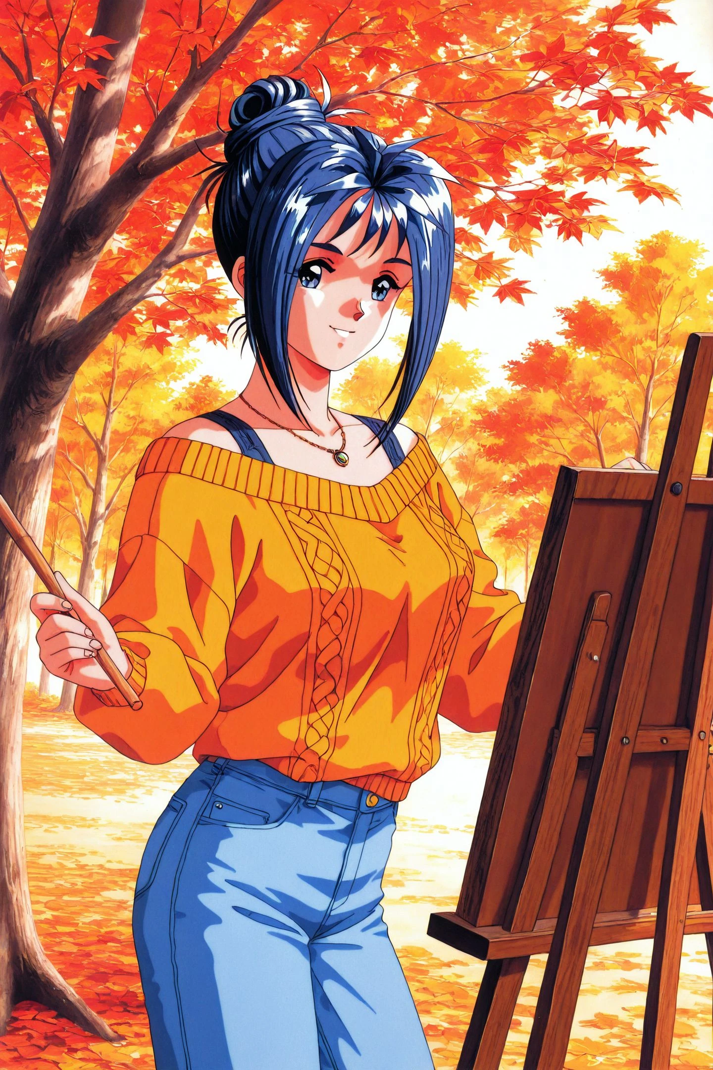Original Style,Ayako Katagiri,1girl,solo,1990s (style),sweater,retro artstyle,necklace,jewelry,pants,long sleeves,smile,blue hair,hair bun,autumn leaves,single hair bun,looking at viewer,cowboy shot,jeans,autumn,Oil painting stick,easel,
<lora:Tokimeki Memorial_illustriousXL_v2:1>,