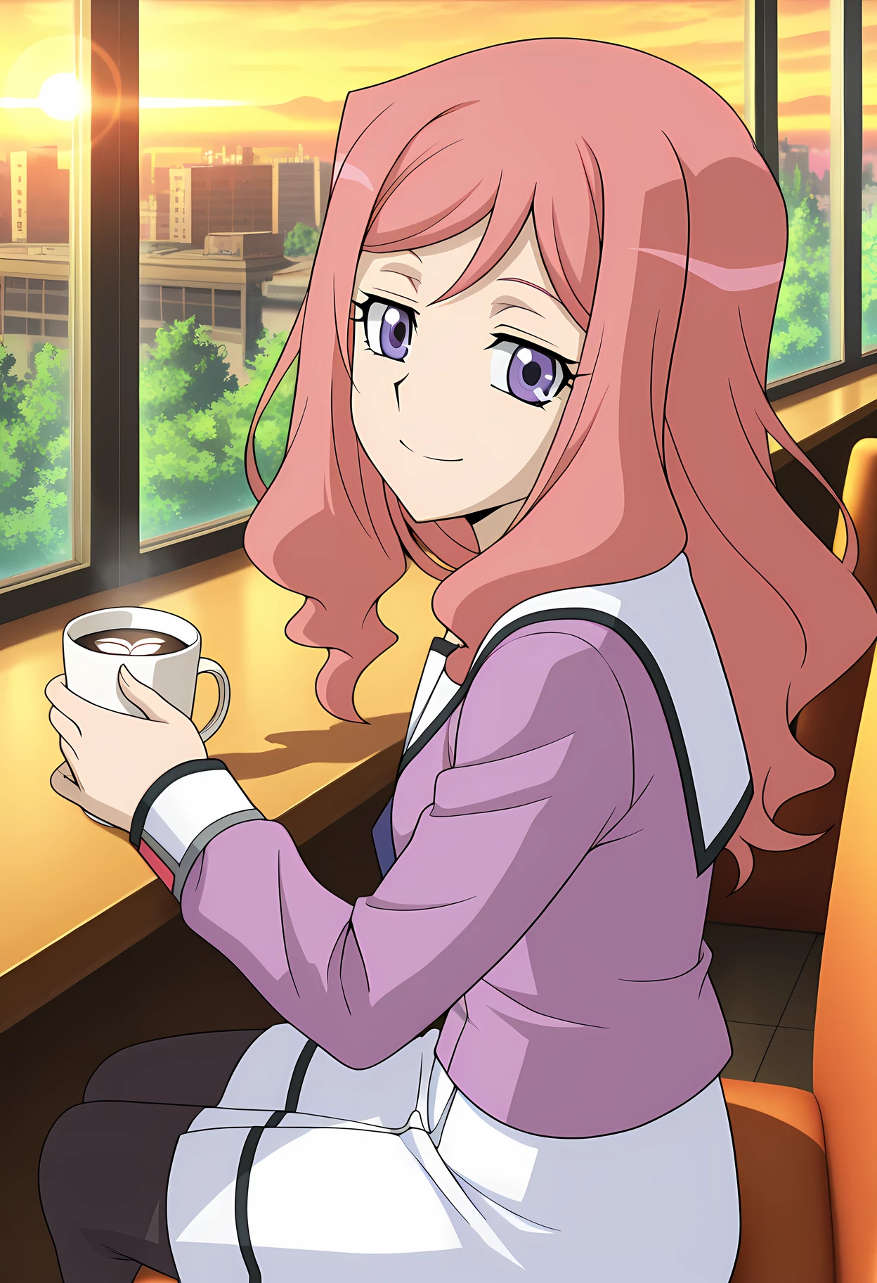 masterpiece,best quality,amazing quality,

solo, face focus,

Kumi Okazaki (Cardfight Vanguard), long hair, pink hair, purple eyes,

school uniform, purple shirt, serafuku, white sailor collar, long sleeves, white skirt, black pantyhose, brown footwear,

Looking at viewer, big smile, from side,

cinematic, upper body, coffee cup, 

Sit, sitting, glass, sci-fi city, cafe, greenery, 

afternoon, sunset, 

Lens flare, bloom, detailed shadow,

Official style, anime screencap, anime coloring,
















