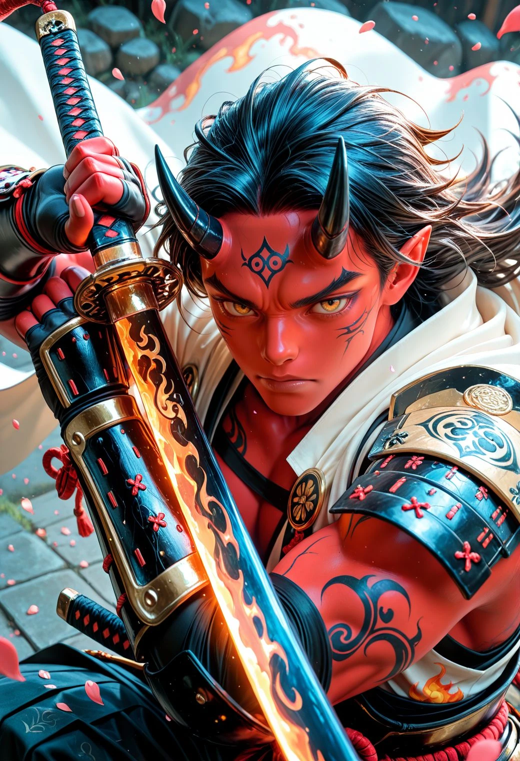 SmoothNoob_Quality, 1boy, muscular male, oni, colored skin, red skin, smooth horns, black horns engraved weapon, engraving, threat, close-up, weapon, holding katana, engraved katana, fighting stance, two-handed, looking at viewer, japanese armor, petals, falling petals, fire print, shoulder armor, gauntlets, white cape, vambraces <lora:SLE_v2:0.25> <lora:Smooth_Booster_v3:0.5>