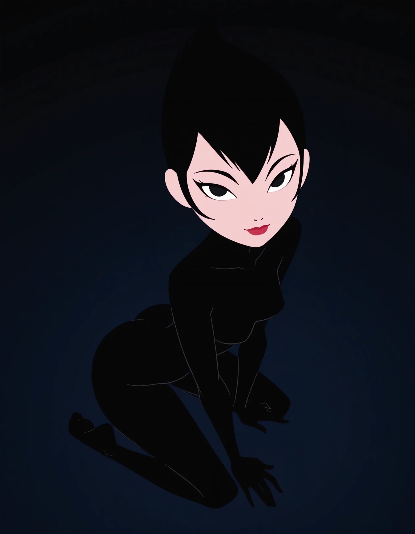 masterpiece, best quality, absurdres, very aesthetic, high quality, highres,
black bodysuit, no shoes,
simple background, dark background, (spotlight:0.8),
1girl, solo, looking at viewer, posing, light smile, side view, from above,
<lora:samuraijack-ashi:1> xashix, black hair, short hair, black eyes, red lips, flat color,