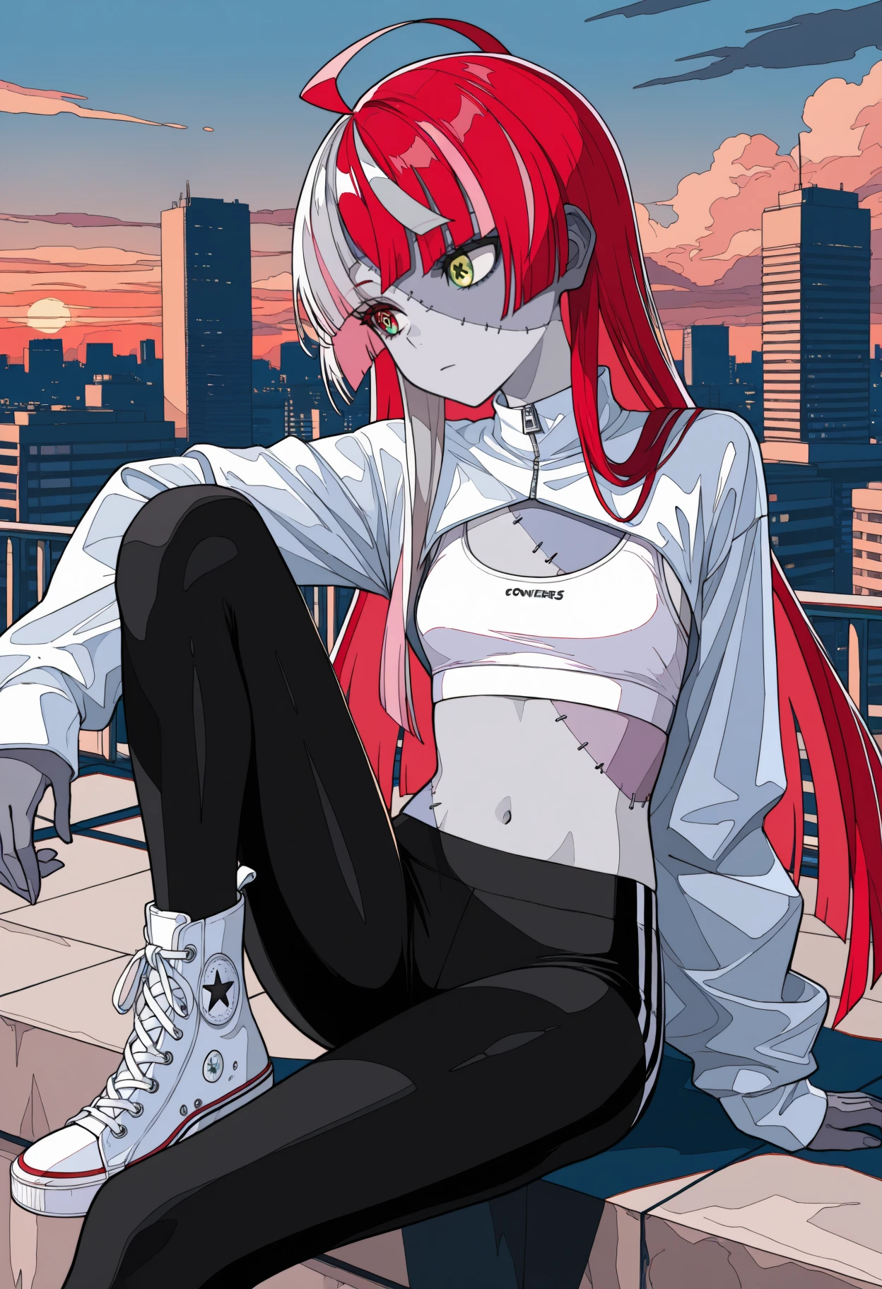 masterpiece, best quality, newest, ligne claire, solo, 1girl, kure1jirnd, zombie, two-tone skin, grey skin, patchwork skin, stitches, stitched face, expressionless, looking away, sitting, knee up, long hair, multicolored hair, red hair, pink hair, grey hair, blunt ends, ahoge, heterochromia, gradient eyes, red eyes, green eyes, yellow eyes, mismatched pupils, diamond-shaped pupils, x-shaped pupils, shrug \(clothing\), white jacket, long sleeves, white sports bra, black leggings, converse, stomach, navel, outdoors, sunset, cloud, cityscape, skyscraper, rooftop
<segment:yolo-Anzhc Face seg 640 v3 y11n.pt,0.4,0.6//cid=11>