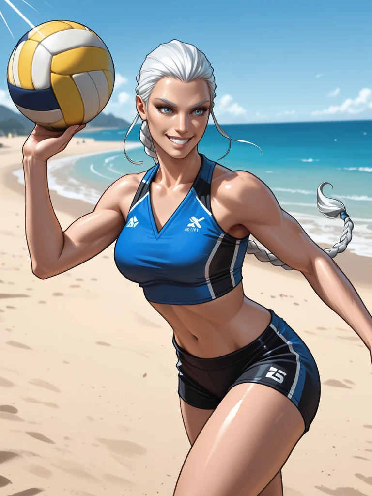 <lora:Arianna__Exalted:0.7>
ariannaexalted,,long hair, white hair, braid, blue eyes,,
playing beach volleyball, on a beach, spiking the ball, smiling, sports, action shot