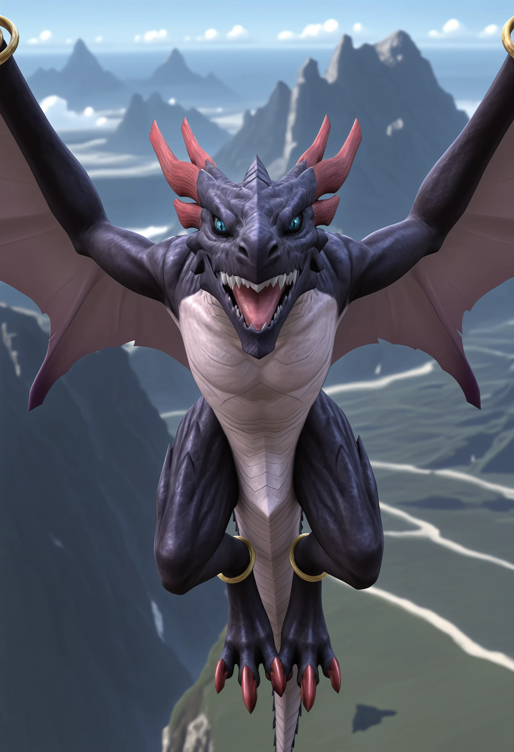 masterpiece, best quality, amazing quality, very aesthetic, absurdres, newest, <lora:GabriellaDrakengardILf:0.9> g4bilf, no humans, dragon, horns, wings, blue eyes, sharp teeth, claws, anklet, bracelet, outdoors, flying, straight-on,