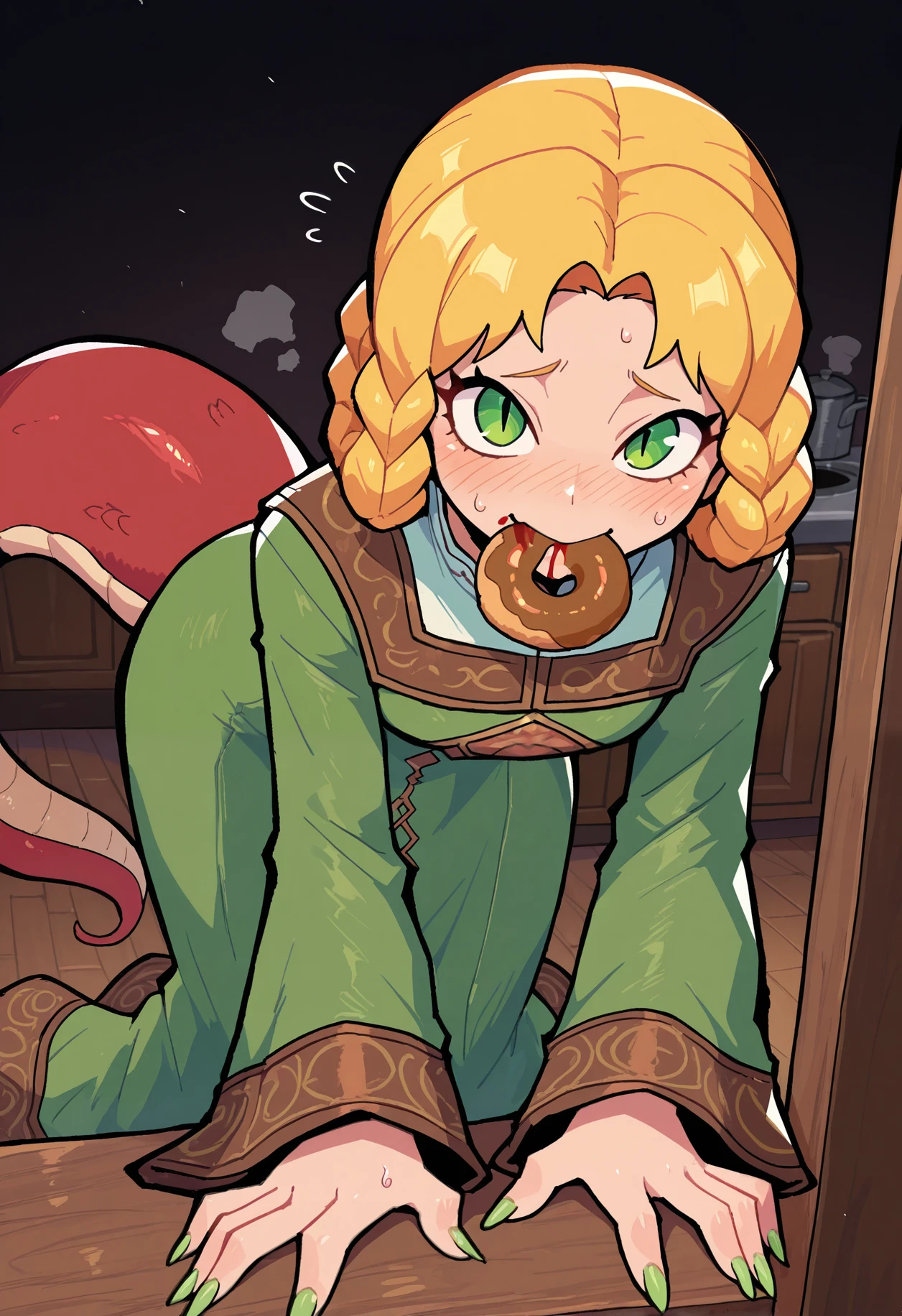 masterpiece,best quality,absurdres,highres,scenery,
rari style,
1girl,solo,ccrs,reptile girl,blonde hair,short hair,braided hair rings,parted bangs,green eyes,slit pupils,mole under mouth,green nails,sharp fingernails,lizard tail,long tail,red tail, green dress,white undershirt,popped collar,brown trim,embroidered trim,gold trim,print dress,dress slit,long dress,long sleeves,wide sleeves,sleeves past wrists, all fours,embarrassed,blush,steam,nervous sweating,flying sweatdrops,food in mouth,biting,donut,mouth hold,looking at viewer,blush,blood,blood on face,blood from mouth,indoors,kitchen,dark background,foreshortening,from above,