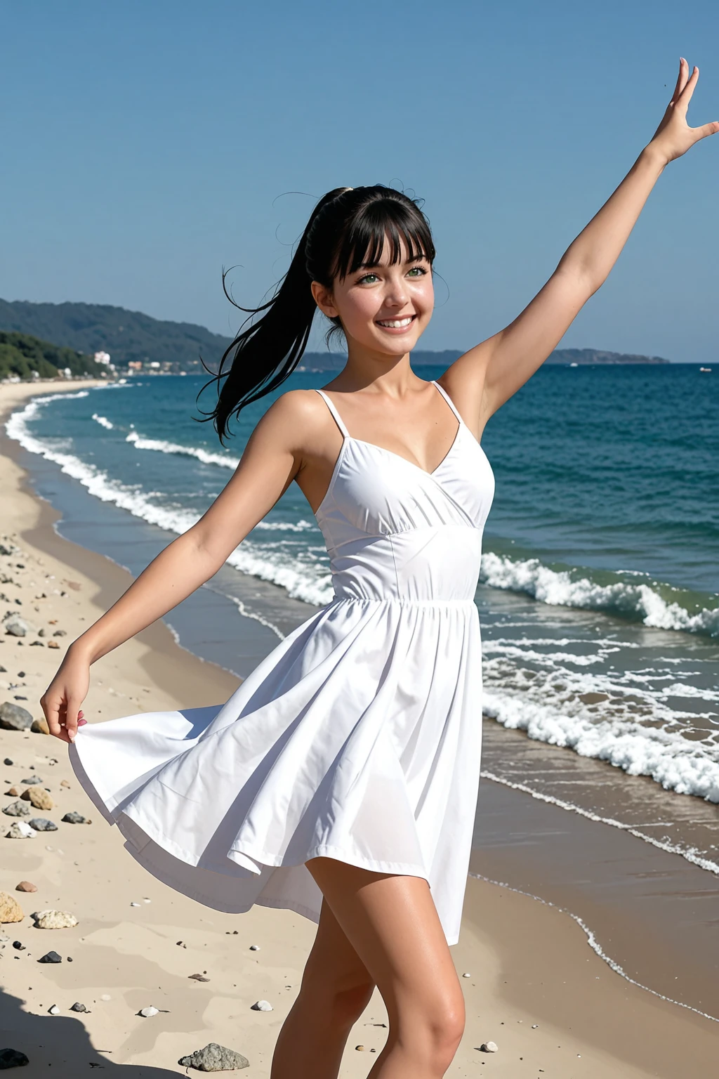 masterpiece, good quality, best quality, very awa, very as2, absurdres, highres,
<lora:NelltfdilluLora:1>Nell, bangs, ponytail, black hair, green eyes, sundress, shore, wind, happy, dancing, choppy bangs,