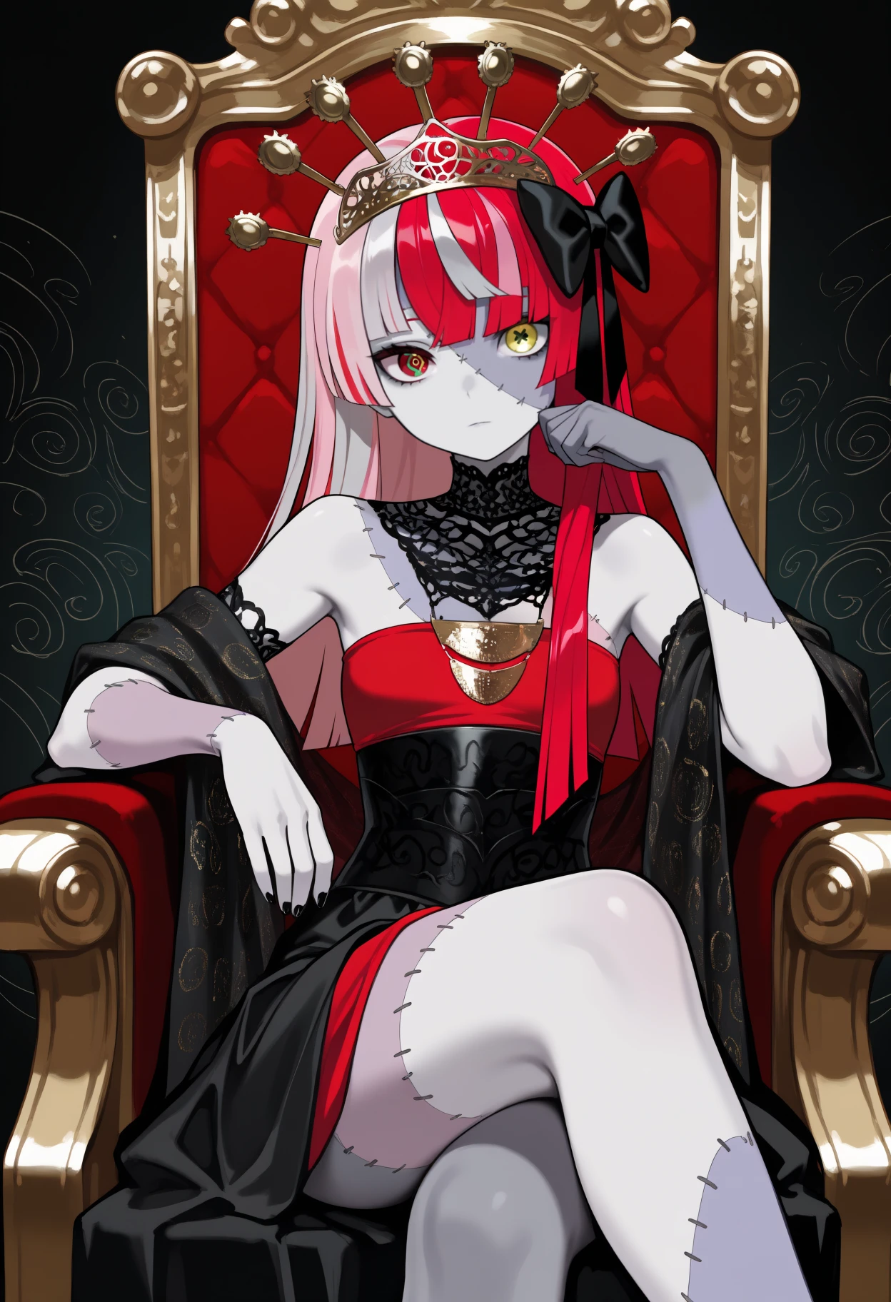 masterpiece, best quality, newest, solo, 1girl, kur31ji2nd, zombie, two-tone skin, grey skin, patchwork skin, stitches, stitched face, stitched arm, expressionless, looking at viewer, sitting, throne, arm rest, crossed legs, multicolored hair, red hair, pink hair, grey hair, blunt ends, hair bow, black bow, headdress, tiara, heterochromia, gradient eyes, red eyes, green eyes, yellow eyes, mismatched pupils, diamond-shaped pupils, x-shaped pupils, bride, indonesian clothes, shawl, lace collar, red shirt, strapless shirt, black dress, wedding dress, black nails, bare shoulders, abstract background
<segment:yolo-Anzhc Face seg 640 v3 y11n.pt,0.4,0.6//cid=11>