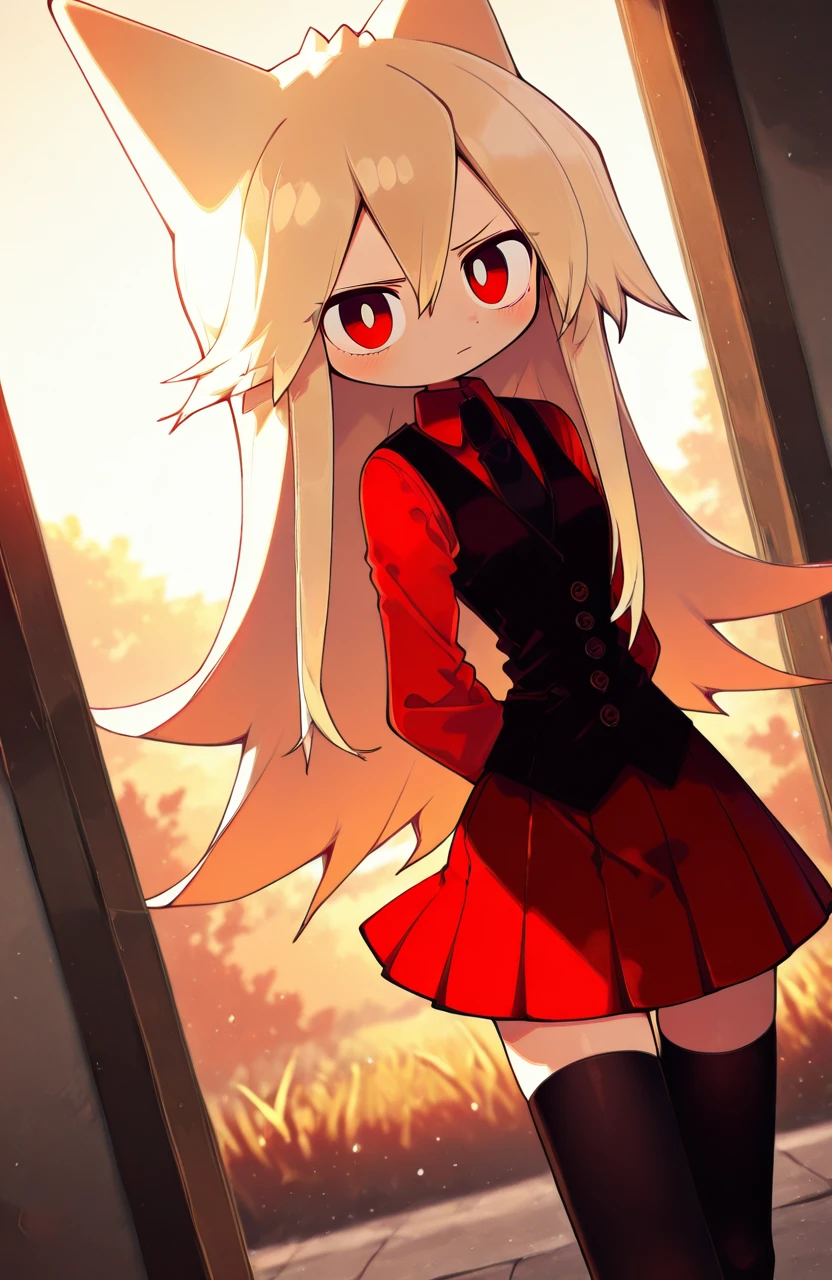 masterpiece,best quality,amazing quality,very aesthetic,absurdres,newest,score_9_up,(score_8_up),score_7_up,detailed face,detailed eyes,Highest Quality,perfect eyes,ultra-detailed,amazing quality,very aesthetic,perfect composition,intricate details,absurdres,(SuperQuality_1.0) ~ (SuperQuality_1.2),Smooth Quality,<lora:Moge-ko_Okegom:0.5>,<lora:Moge_v8:0.5>,Moge-ko,Moge-ko girl,long hair,blonde hair,red eyes,1girl,pleated skirt,vest,red skirt,red shirt,black necktie,long black stockings,<lora:OkegomStyle:1>,funamuseastyle,dynamic pose, dynamic angle,