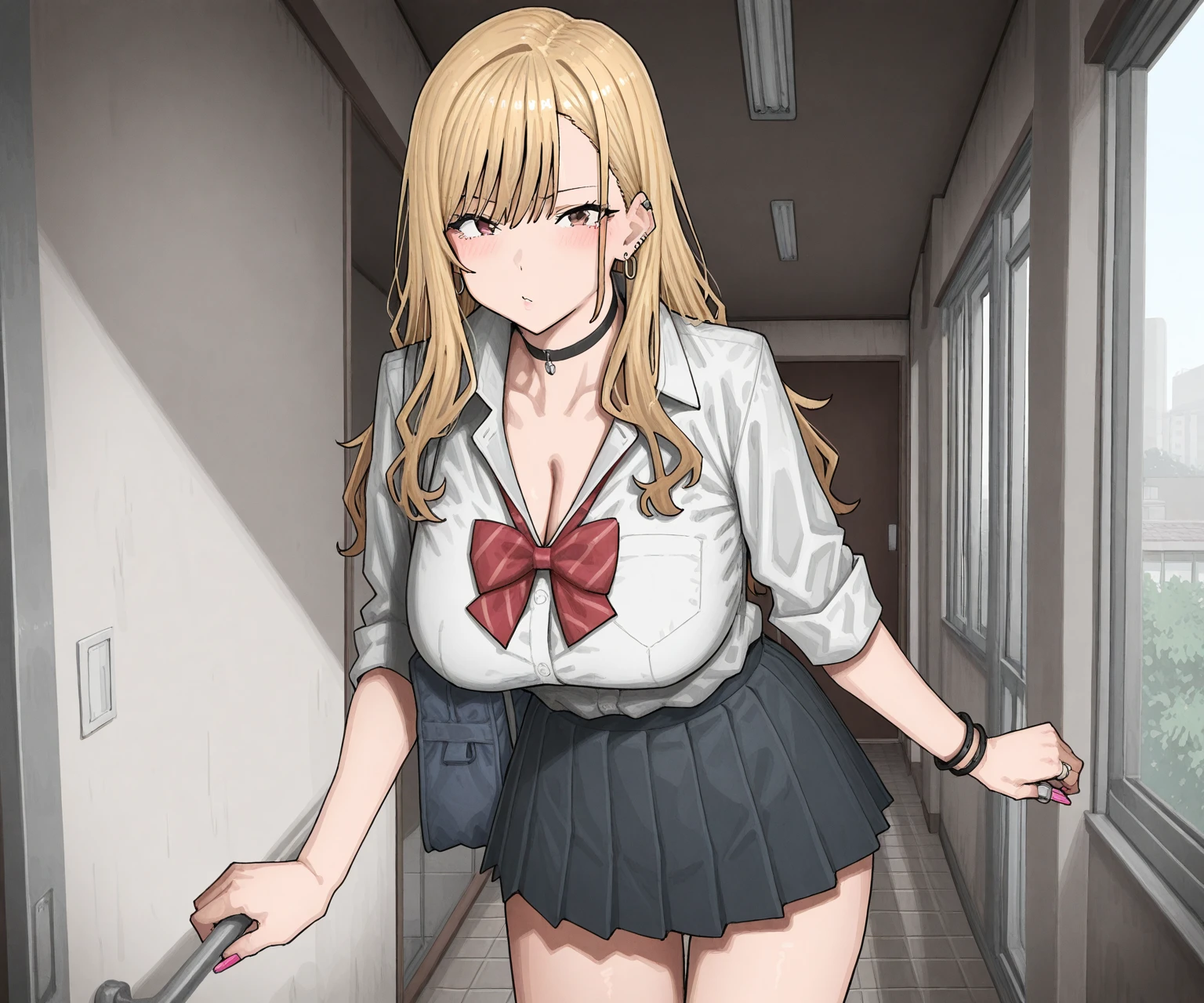 masutepiece, Best Quality, hight resolution, jyesu, 1girl in, Blonde hair, Long hair, multicolored hair, blue Eyes, Jewelry, earrings, Piercing, , White shirt, Tied shirt, Black Choker, blue necktie, plaid skirts, grin, Smile, Standing, Cowboy Shot, Outdoors, 32K, 8K, (In the chest:1.2), Arms above the head, ((Opening legs)), masterpiece, Gorgeous lace string underwear in dark blue、((T-back panties that dig into the crotch))、Japan idle, Wide waist, ((open one's legs)), (Sloppily open your mouth), (Open both eyes wide), sweaty and shiny skin, Brown hair, poneyTail、Look at viewers , full body Esbian、perfect bodies、Luxury hotel lounges、cute serafuku, lovely sailoruniform, adorable face, lift up your skirt, background is vivid flowergarden, anime - style image of a woman in a white bra top and panties, seductive anime girl, marin kitagawa fanart, makoto shinka, rin, small curvy , anime best girl, sexy pose, smooth anime cg art, asuka suit under clothes!, cushart krenz key art feminine, ayaka genshin impact, zerochan art