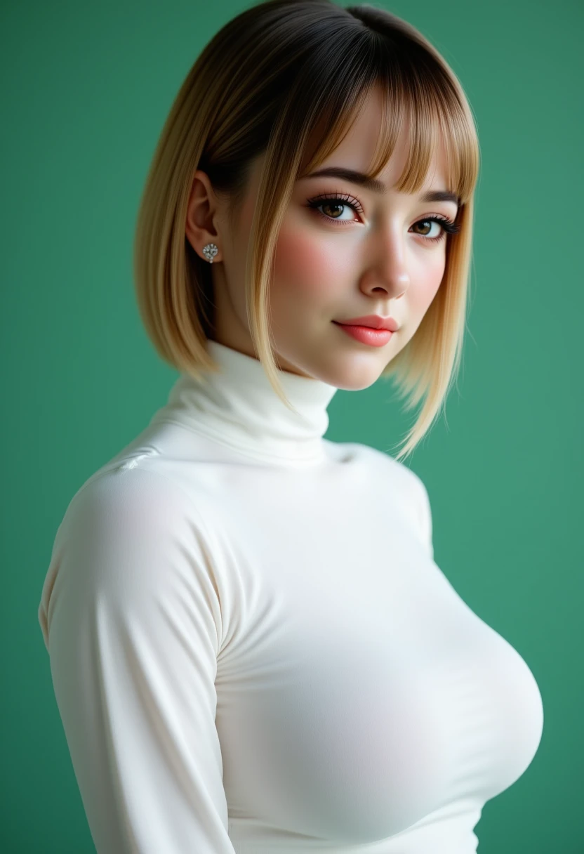 Headshots,a digital painting of a beautiful woman,Hyperrealistic, she is smiling, dynamic angles, multiple angles, photoshoot poses; A photo of Annika 161 pro series, a woman with Short hair,, she has massive breasts, a beautiful girl,she is wearing a white turtleneck sweater.she has massive breasts, she has piercing eyes. a dynamic pose and a sense of action. simple green background, and the lighting is soft, creating a dramatic effect, creating a focused and dynamic pose.; the scene is set in a beautiful well-lit environment, with a sense of action and adventure. Style: realistic hyper-detailed rendering, 32k UHD, expressive eyes, punk, graphic design, girl's face, pretty and cute, gleaming lips, telling a tale of adventure. Exuding confidence and serenity. The overall mood of the image is happy and relaxed, detailed skin texture,(blush:0.2),(goosebumps:0.3), subsurface scattering,with a playful and whimsical tone,aidmafluxpro1.1, perfection style,,retro50s_style,