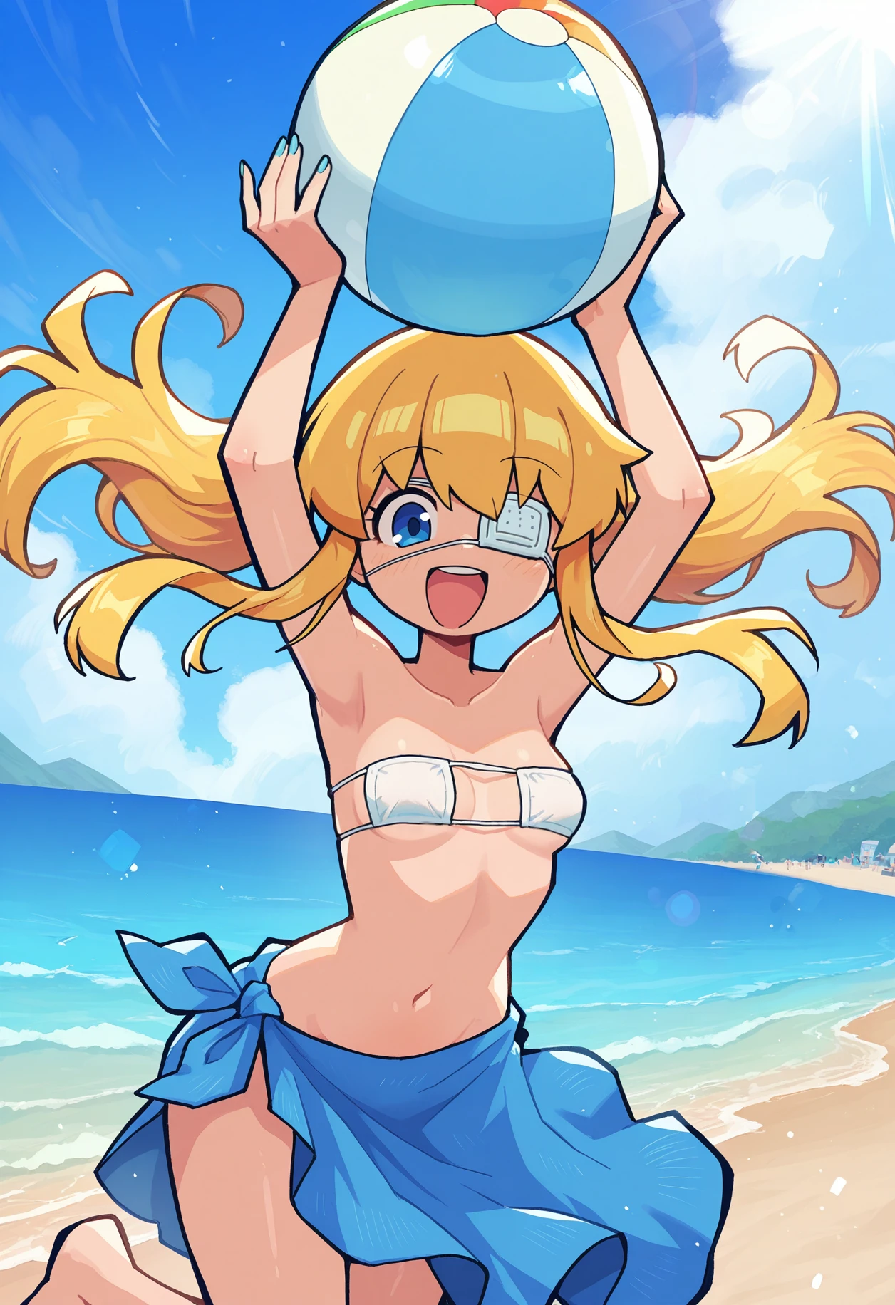 (masterpiece、highest quality、highest quality、Official Art、Beautiful and beautiful:1.2)、(One girl:1.3)Hatsune Miku、Twin tails,Big Breasts,masterpiece,(highest quality:1.3),One girl,Barbara \(Genshin Impact\),smile,Official Alternative Costumes, choker,Sailor's hat,Hat Flower,blue eyes,Blonde,Twin tails,Blue one piece swimsuit,Yellow ribbon,Removable sleeves,Animal Bag,Blue sailor collar,Striped ribbon,Exposing shoulders,Thigh strap ring_length, whole body,