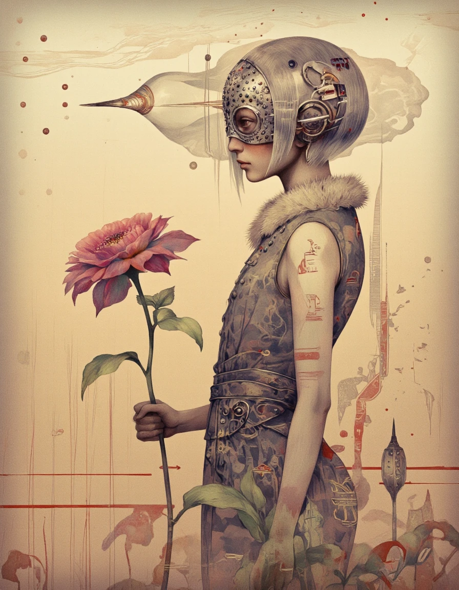 Art by Vvika. A surreal digital illustration shoot from a profile camera angle about a humanoid figure with a futuristic appearance, holding a flower, surrounded by abstract elements. the image also shows a girl with grey hair styled in a bob cut, wearing a sleeveless grey dress with a fur collar and intricate patterns. on the middle of the image, a 1girl, who appears to be in her early twenties, with a slender build, standing with her upper body facing the viewer. she has a neutral expression and is holding a large, pink flower in her left hand. her hair is styled in an asymmetrical bob cut with a few strands falling down her back. her eyes are a striking red color, and her face is covered in a metallic mask with small, intricate details. the background is a gradient of warm tones, with abstract elements such as dots and lines scattered throughout, giving the image a dreamy, ethereal quality.