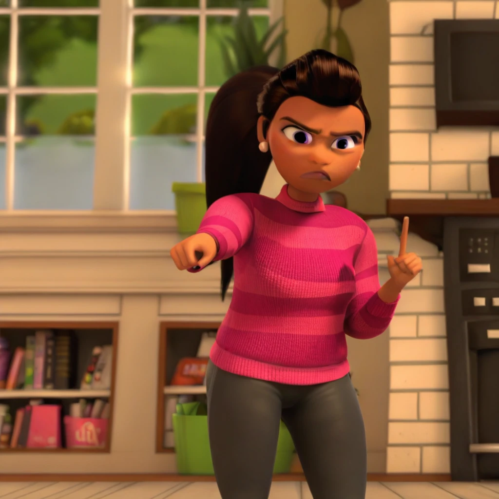 woman in black shirt and blue leggings standing in a room.