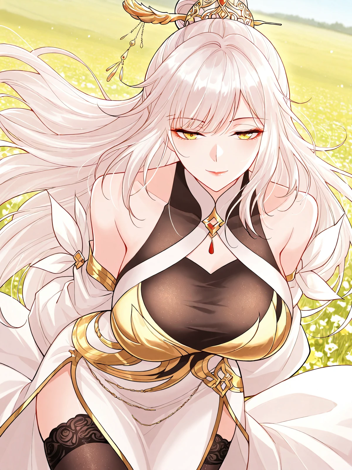 1. Kami, the Goddess of Order, Life, Creation, Light, and Alpha
Clothes:
Kami wears a traditional white kimono with intricate gold trim that symbolizes purity and divinity. The kimono is designed to highlight her divine figure, with a low neckline that reveals a hint of cleavage and a high slit that exposes her thigh. The sleeves are long and flowing, giving her a graceful and ethereal appearance. The gold accents add a touch of regality, emphasizing her status as the goddess of creation and light.
Appearance:
Kami has long, flowing white hair that cascades down her back in soft waves, shining with a radiant glow. Her golden eyes are warm and inviting, exuding wisdom and kindness. Her skin is fair and flawless, with a soft, heavenly glow that adds to her divine presence. Her lips are painted a deep red, which contrasts beautifully with her pale complexion. Her overall appearance is serene and calming, embodying the essence of order and life.
