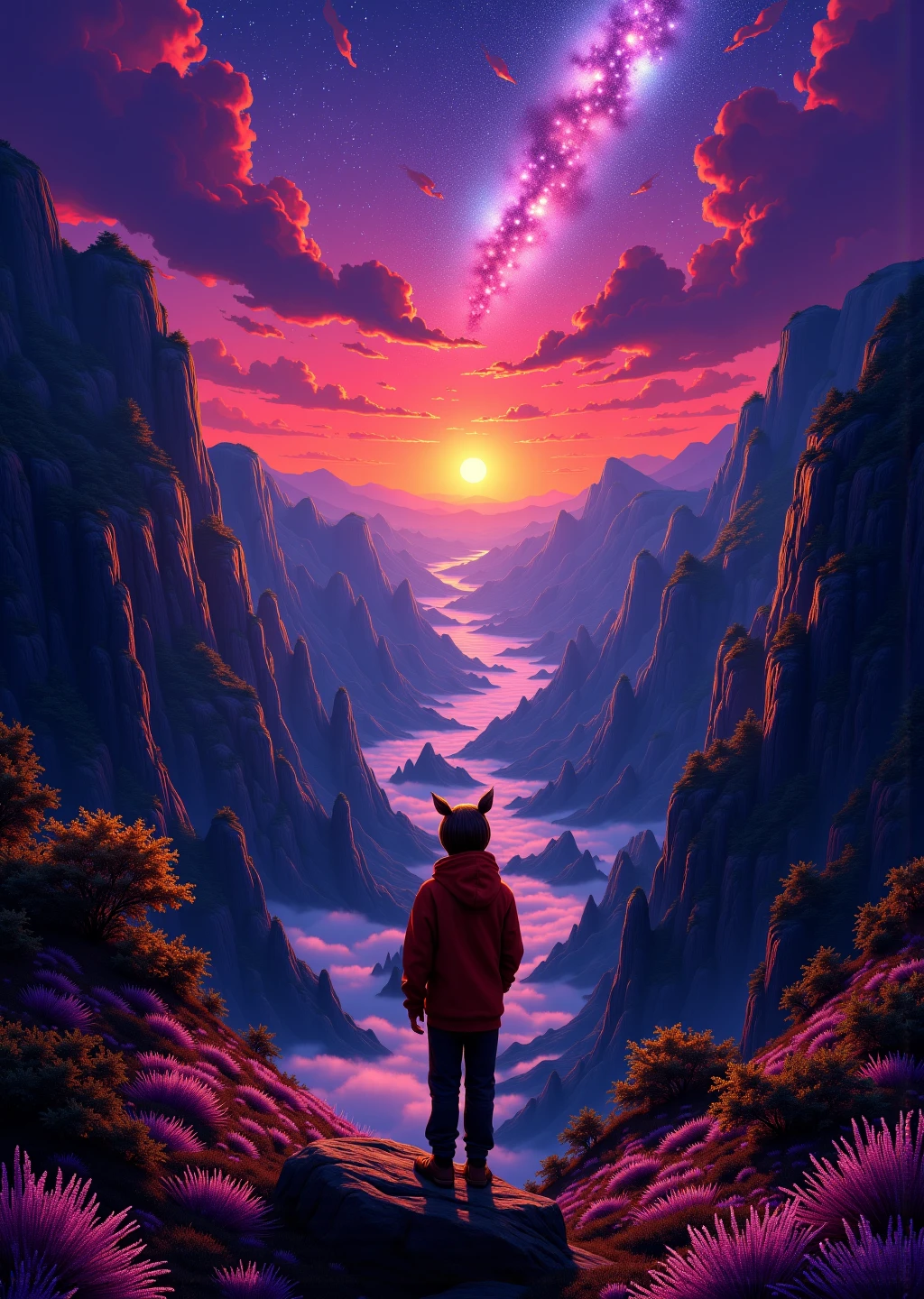 masterpiece,colorful,{best quality},detailed eyes,high constrast,ultra high res.,amidef,
amiya is in a mountain seeing a huge glowing ravine with glowing nebula sky while the sun is setting down with big galaxy like stars.,giving a sad yet with a little hope. ,animal ears