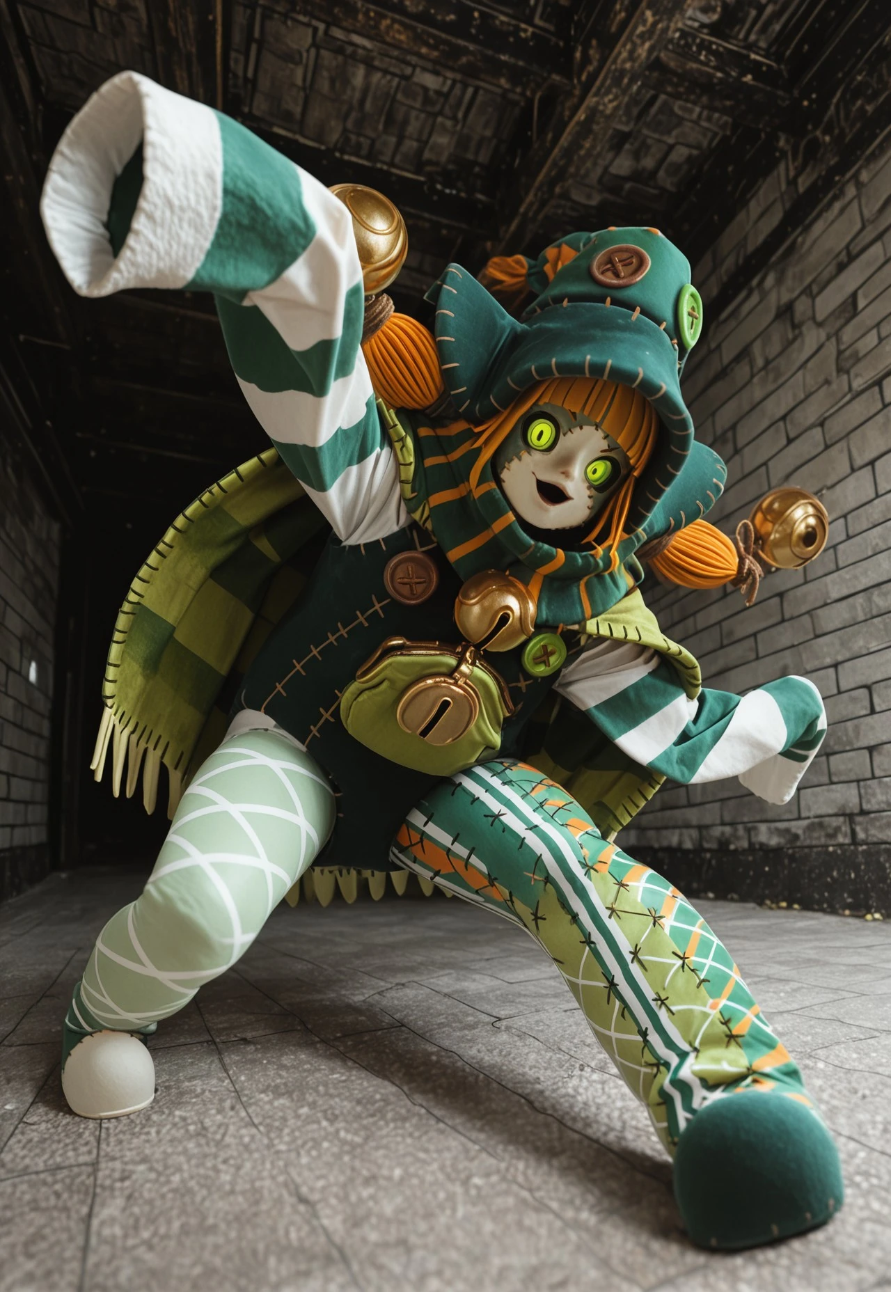 masterpiece,best quality,absurdres,newest,perfect quality,best quality,absolutely eye-catching,detailed background,intricate details,realistic,luckyuro,solo,full body,no humans,1other,(colored skin:1.2),witch hat,orange hair,twin braids,blunt bangs,green eyes,colored sclera,jingle bell,striped scarf,cape,frilled leotard,pocket,sleeves past wrists,striped sleeves,stitches,asymmetrical legwear,looking at viewer,open mouth,smile,
BREAK,(extreme perspective,dynamic composition,dynamic pose:1.4)