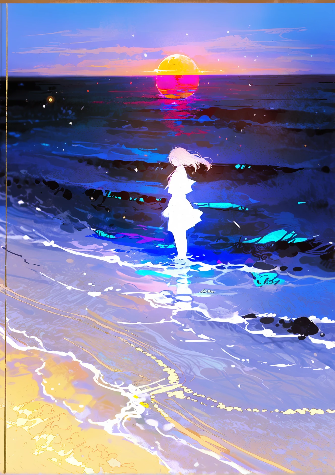 best quality,masterpiece,absurdres,newest,
<lora:FXP02_Lokr_f4-000016:0.8>, ,fxp02,
A dynamic fantasy illustration with a cool aesthetic, rendered with painterly textures and subtle brushwork. Features an eerie, surreal atmosphere, employing dramatic, high-contrast lighting like rim light or backlighting, and glowing elements to evoke a mythic, poignant narrative.,
The scene is characterized by very strong lighting originating from the horizon, creating dramatic light and moody lighting effects with intense highlights on the water. The artwork depicts a solitary figure, appearing as a young woman with dark, shoulder-length hair, standing submerged to her thighs in a body of water that stretches towards a luminous horizon. Positioned off-center, she is presented mostly in silhouette against the brilliant glare of a setting or rising sun. Her gaze is directed downwards, towards the water before her, suggesting a moment of quiet contemplation or introspection. The sun's reflection creates a dazzling path of light across the water's surface, rendered in fragmented patches of bright yellow, white, pink, and iridescent blues, conveying the shimmering quality of light on gentle waves. The water transitions from these vibrant, light-filled areas to deeper, cooler shades of purple and blue in the foreground. The sky above mirrors the water's palette, shifting from warm hues near the horizon to a pale, clear blue. Despite the figure's silhouetted form, subtle variations in color hint at the ambient light catching her hair and clothing, adding depth to her presence within the tranquil, ethereal waterscape. The overall atmosphere is one of serene solitude, enhanced by the expressive, painterly execution and the evocative use of light and color.