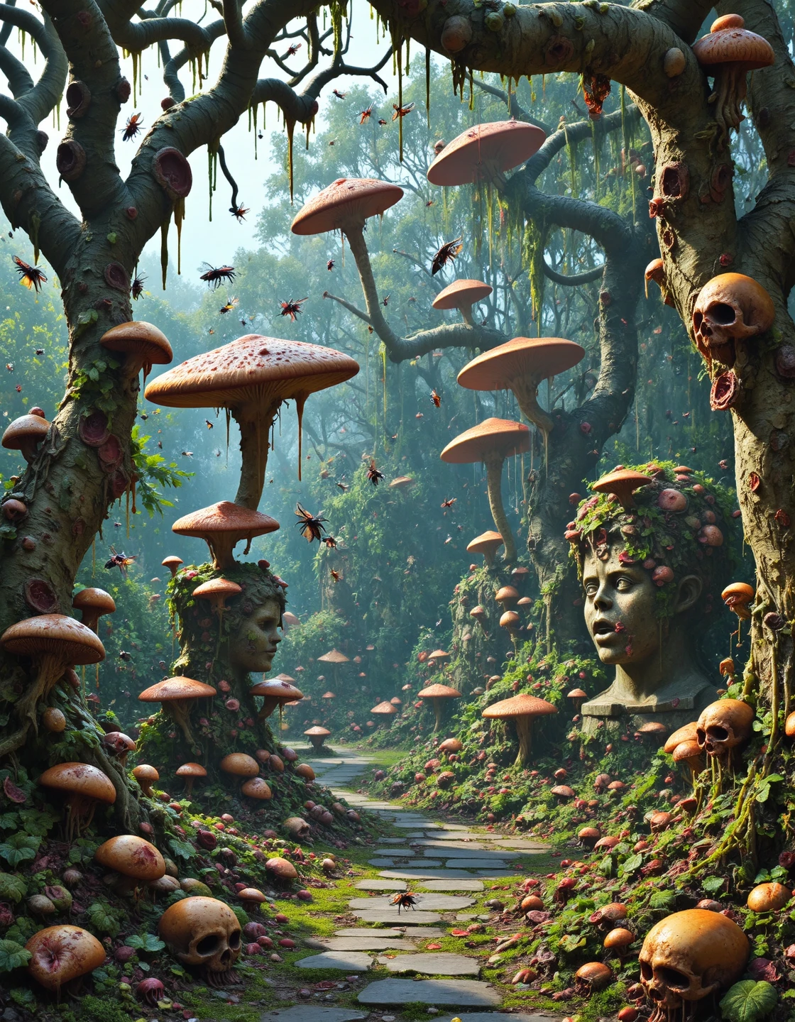 A once-idyllic garden now blooms with diseased opulence. Trees twist into obscene spirals, bark splitting open with pustules that weep sap and pus. Leaves are leathery and bruised, sagging under the weight of fat black flies. The soil bubbles with rot, sprouting mushrooms the size of skulls, their caps pulsing with wet breath. A swarm of iridescent insects drifts above the moss-choked path, weaving between vine-covered statues whose faces melt under slow fungal decay. The air is heavy with sweet, cloying rot.
(activation: rotted garden, fungal flora, plague fauna, photorealistic horror)