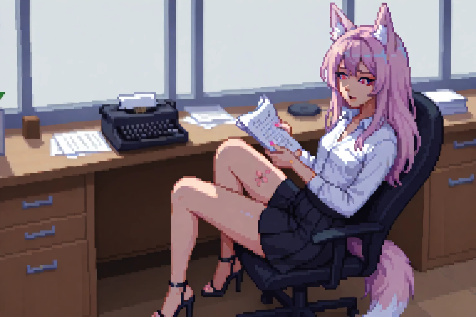 masterpiece, best quality. A full body image of a young beautiful woman. She is Dressed as Secretary, Professional Blouse, Pleated Skirt, Knee Length Skirt, Sexy High Heel Sandals, toes, toenail polish. Terrified, Scared, Upset, Holding Back Tears, Sitting in a chair, at a Desk, At work, Typing a Memo, Bright Office, Her Supervisor is yelling at her, Suit and Tie, typewriter, Typing, mechanical typewriter, Holding Papers, Hand Motions, perfect body, sexy, beautiful, eyeliner, Nail Polish. Pretty Nose. Anime, Pixel Art. pixelart. Pixel. SNES Graphics. SNES Style. tasteful sensuality, softcore. Sexy Fox Woman.
Fox Ears, Fox Tail, Beautiful Asian Woman. long hair, Neon Purple Hair, Back Tattoo, Floral Tattoos, Small Breasts, Petite, Tattoos On Back, Pink Eyes,
