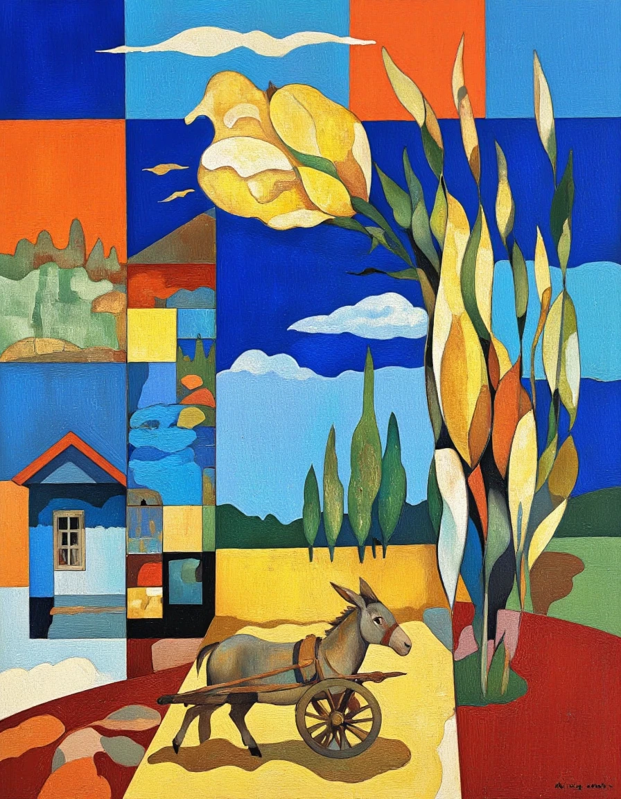 Art by Aram Hakobian. A vibrant, abstract painting with a mix of bright colors and textures. the background is composed of squares of various hues, including blue, orange, yellow, green, and red, arranged in a grid-like pattern. In the center of the painting, a large, elongated, yellow flower stands out against the blue backdrop. to the left of the flower, a small, blue house with a white door and a red roof is visible, with a few clouds scattered around it. in the middle of the square, a single, dark-skinned donkey stands on a wooden cart, pulling it along. the overall style is reminiscent of modern abstract art, with bold lines and bright colors that create a sense of depth and dimensionality.