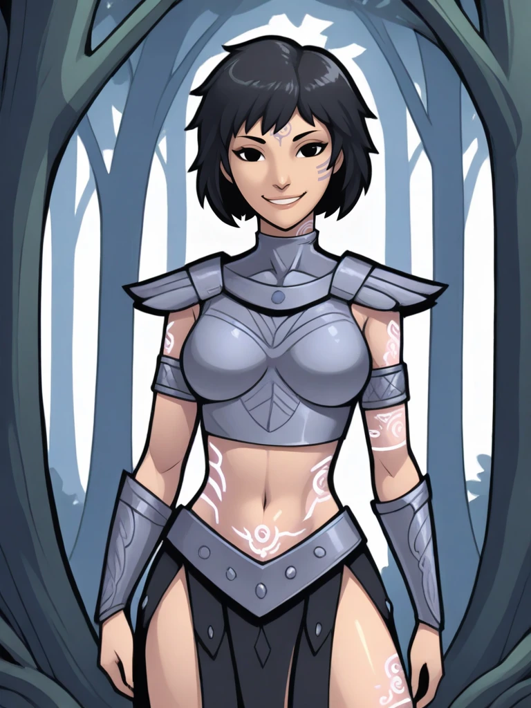<lora:Lilith__Exalted:0.7>
lilithexalted,,short hair, black hair,black eyes,,armlet,,armor, midriff,,tattoo
standing in a forest, looking at viewer, cowboy shot, smiling