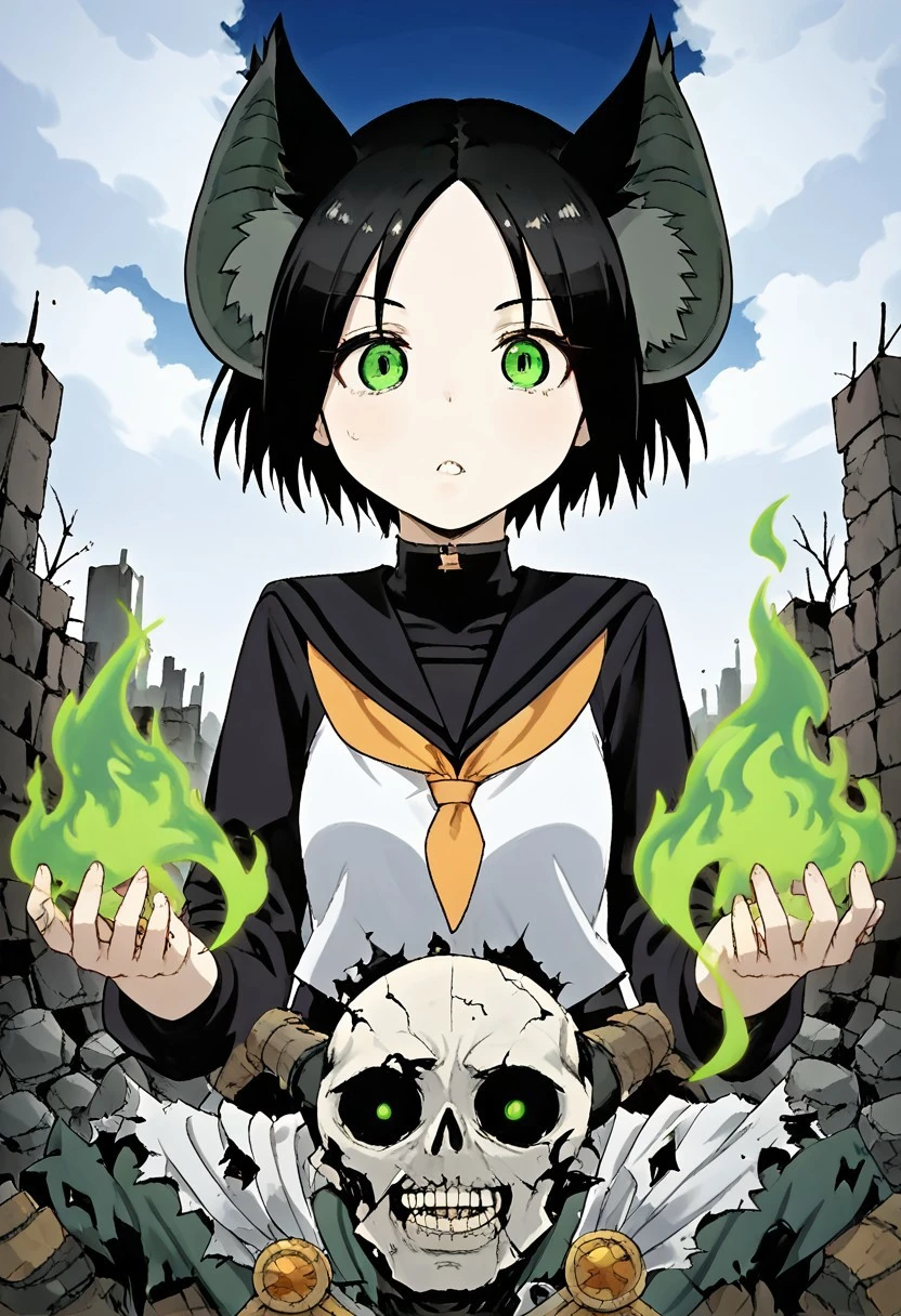 score_9, score_8_up, score_7_up, score_6_up, score_5_up, score_4_up, 1 girl, Chii Suimori, short hair, black hair, bat ears, ear fluff, bald forehead, Green eyes, bright eyes, black sclera, blank stare, wide open eyes, flash in the eye, standing in a destroyed city, rubble, ruined buildings, desolate landscape, dark sky, green fire