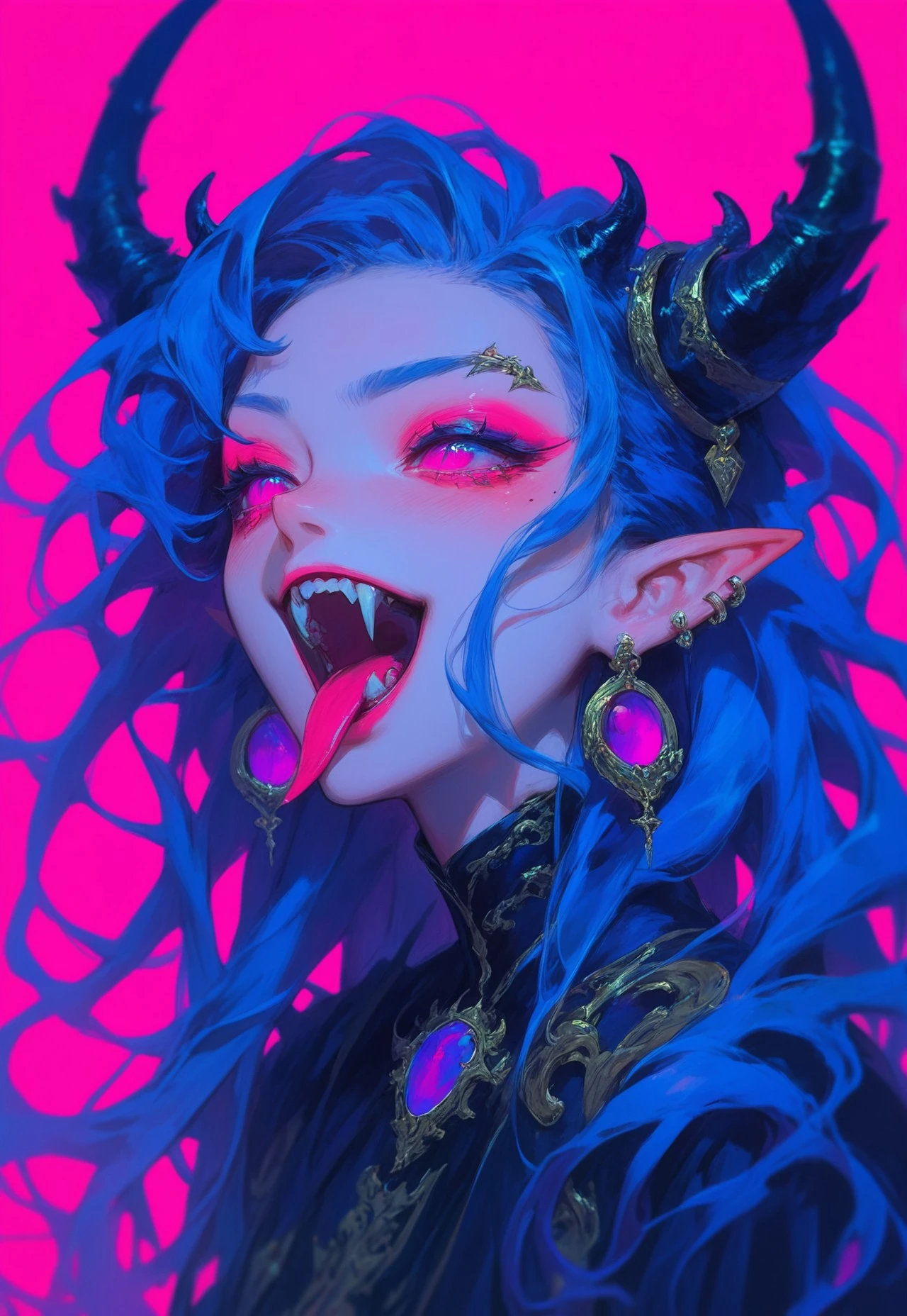 (score_9, score_8_up, score_7_up, score_6_up), (masterpiece, best quality, good quality, very aesthetic, absurdres, newest:1.2), 1girl, solo, long hair, open mouth, simple background, jewelry, blue hair, upper body, earrings, horns, teeth, tongue, pointy ears, tongue out, pink eyes, makeup, fangs, piercing, pink background, demon girl, sharp teeth, demon horns, ear piercing, eyeshadow, Glo3w, anime, source_anime,