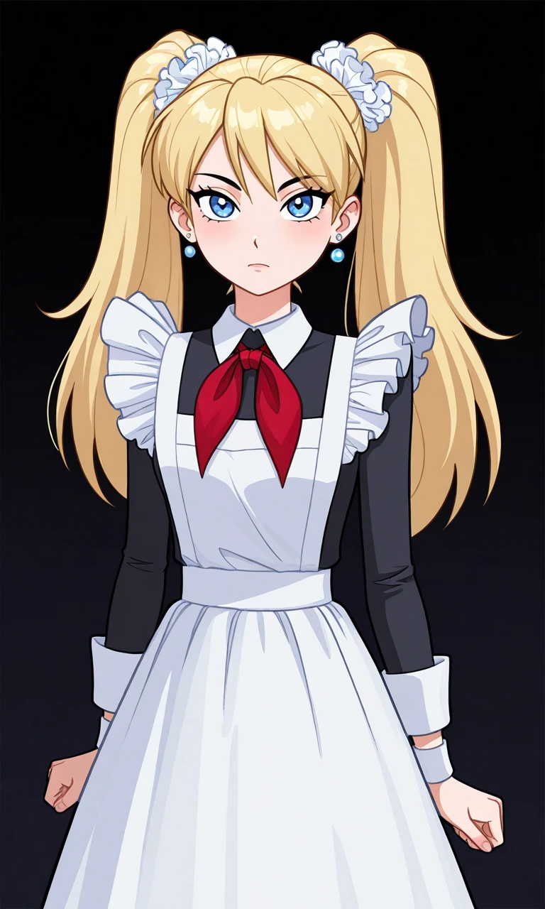 a digitally rendered female cartoon character in a school uniform with soapy bubbles surrounding her, 1girl, blue eyes, blonde hair, solo, long hair, jewelry, black background, single earring, looking at viewer,1girl, long hair, twintails, blonde hair, white scrunchie, blue eyes, school uniform, red neckerchief, collared dress, black dress, frills, white apron, long sleeves, white wristband,humberto_ramos,sketch