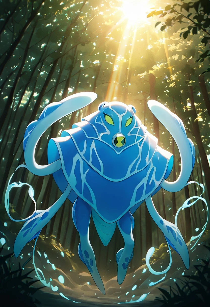 masterpiece, best quality, amazing quality, very aesthetic, absurdres, newest,, detailed background,
ampfibian, full body, pokemon (creature), no humans, colored sclera, green eyes, blue skin, tentacles, extra eyes, colored skin, squid, jellyfish, no mouth,
upper body,, solar bear, sun beam, run ray, trees, dynamic pose, forest