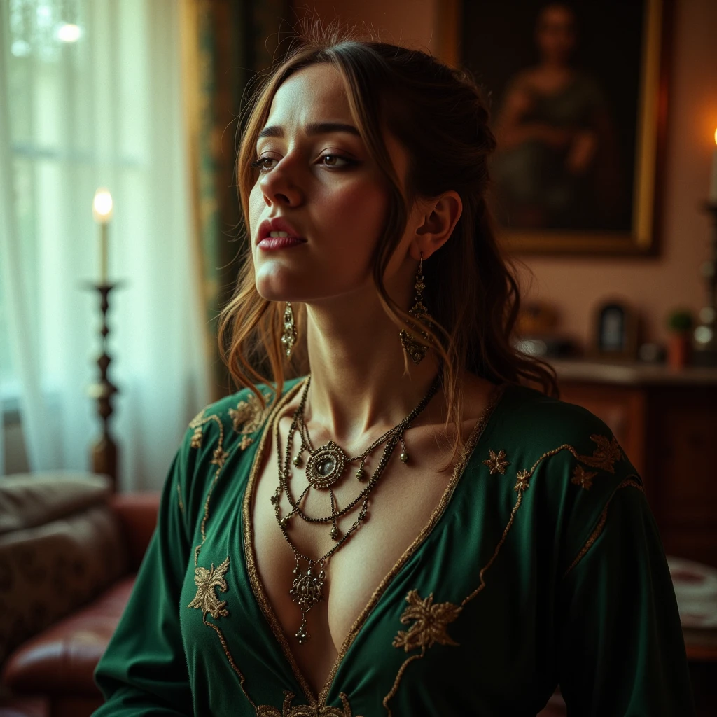 analog film photo Ultra quality, ultra detailed colors and textures, ultra realistic, ultra lighting, cinematic, ethereal atmosphere, ethereal woman, analog photography, analog photo <lora:mysticgoddessv2.10:0.9> mgdssv2, intimate half-body analog portrait of a woman in an old living room, ancient times, dressed in a layered forest-green tunic with gold trim, she's slowly in orgasmic trance, face lit from one side by warm morning light, her expression focused orgasmic, subtle charms hang from her ears and collar, shot on Nikon FM2 with Kodak Gold 200, warm color palette and fine detail, a moment of sacred creativity, RAW candid cinema, 16mm, color graded portra 400 film, remarkable color, ultra realistic, textured skin, remarkable detailed pupils, realistic dull skin noise, visible skin detail, skin fuzz, dry skin, shot with cinematic camera . faded film, desaturated, 35mm photo, grainy, vignette, vintage, Kodachrome, Lomography, stained, highly detailed, found footage