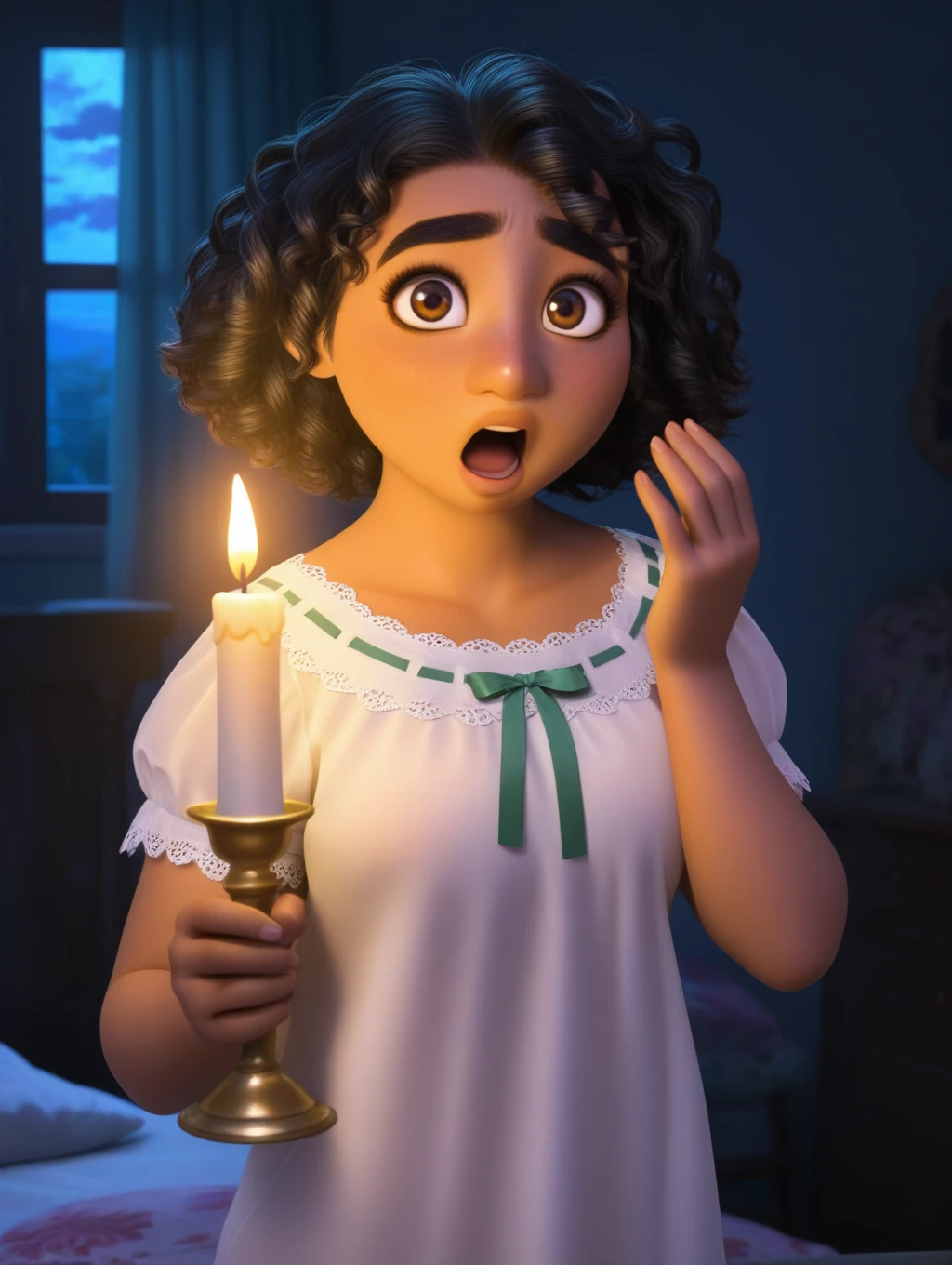 masterpiece, best quality, amazing quality, very aesthetic, absurdres, newest, Mirabel_Madrigal, short hair, curly hair, black hair, brown eyes, brown skin, lips, 1girl, looking at viewer, short sleeves, lace trim, lace, white nightgown, green ribbon, standing, bedroom, night, tired, yawning, holding candle, portrait, original style