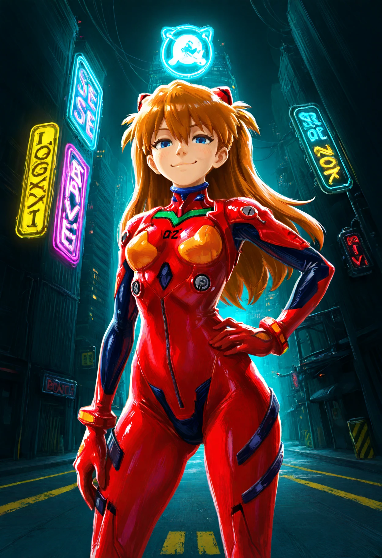 best quality, amazing quality, very aesthetic, absurdres,
botw,
1girl, asuka langley, red plugsuit, standing, smug, looking at viewer, futuristic background, neon light , buildings, night, <lora:BOTWv4Noob_byKonan:1>
