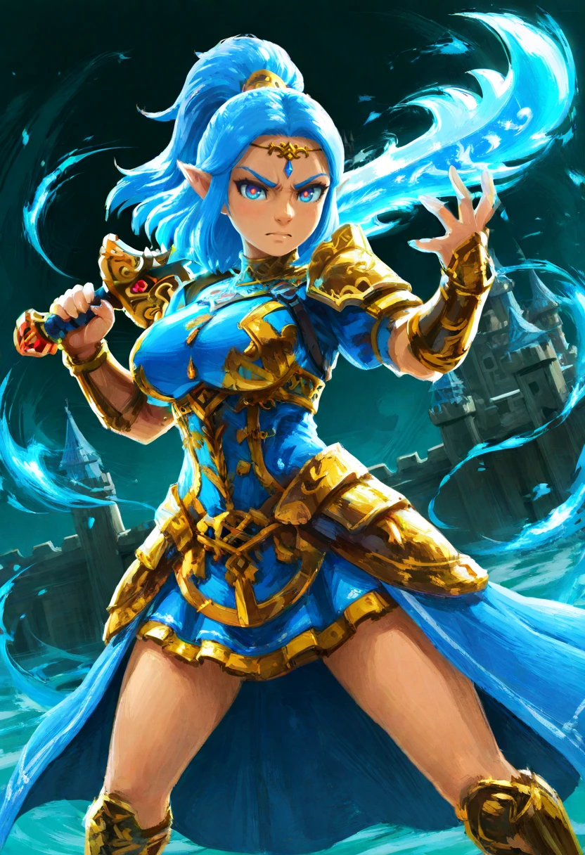 best quality, amazing quality, very aesthetic, absurdres,
botw,
outdoors, fantasy, castle,
BREAK
1girl, large breasts, multicolored eyes, red pupils, pointy ears, holding sword, blue eyes, blue hair, medium hair, circlet, looking at viewer, high ponytail, armored dress, impossible dress, fighting stance, angry, aura, blue aura, gold armor, energy sword, sword over shoulder, determined, dutch angle, <lora:BOTWv4Noob_byKonan:1>