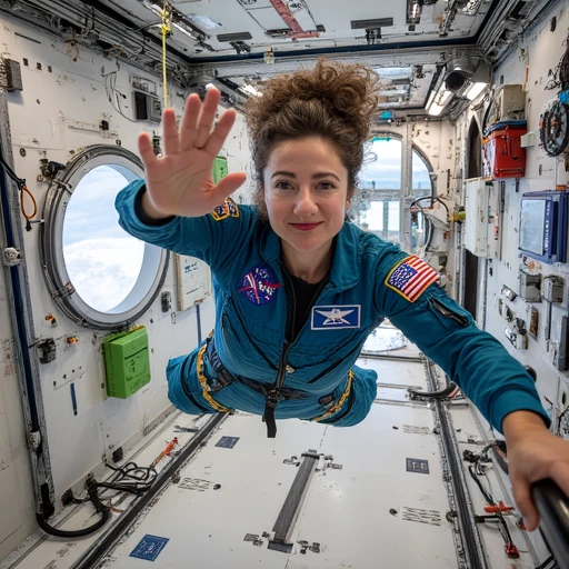 High-resolution action shot of Jessica Meir inside the cluttered interior of the International Space Station. She floats mid-frame in microgravity, her body weightless, one hand gripping a steel handhold while the other reaches toward the camera with confidence and purpose. Her blue NASA flight suit is adorned with a patchwork of insignias: the American flag, the NASA worm logo, the ISS crest, and a mission emblem. Her hair, tied up against the zero-G environment, forms a halo of soft curls around her head. Behind her, the ISS is alive with machinery—tangled cables, padded walls, diagnostic displays, and a circular window revealing the gentle curve of Earth below. A lime-green container and crimson emergency panel add contrast to the clean white and gunmetal color scheme. The lighting is bright and diffused, capturing both her determined expression and the labyrinthine interior of humanity’s most complex orbital outpost.