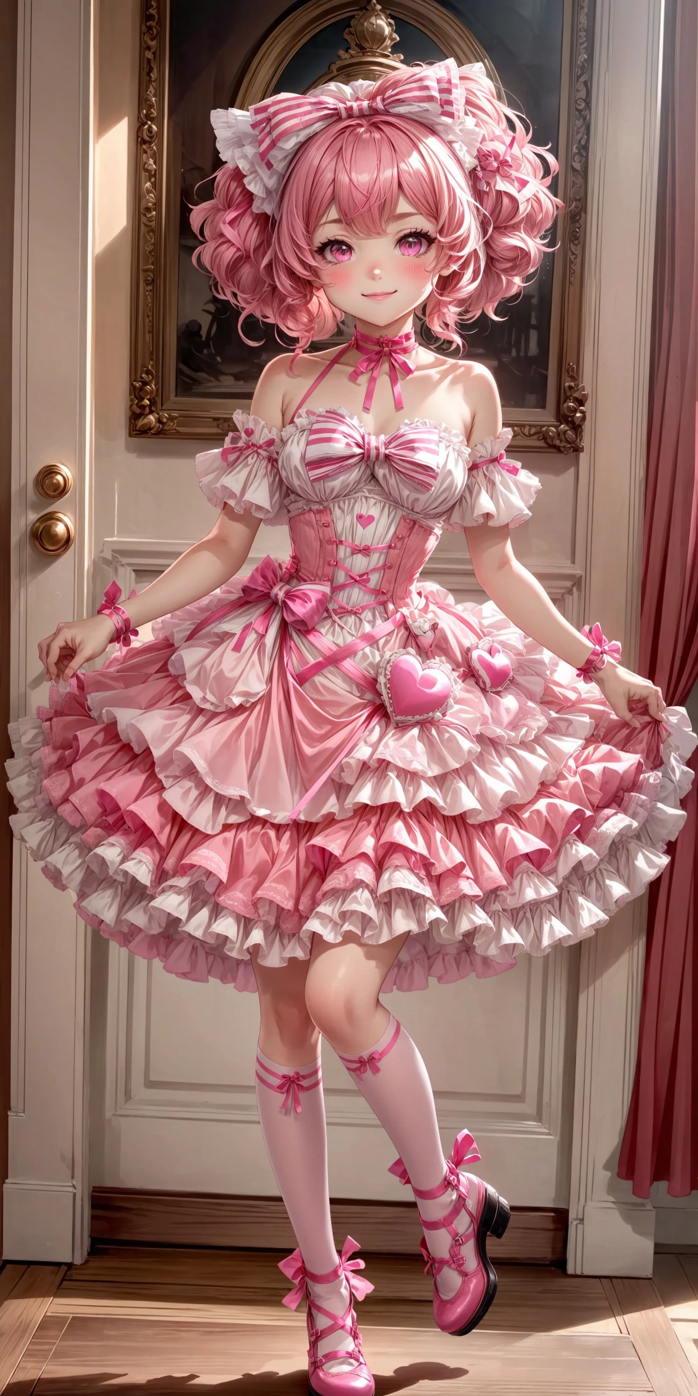 (fullbody, front facing, facing viewer) 1girl, big sparkling eyes, blush, smile, hot pink and light pink basque waist strapless sleeveless dress, dress, strapless, sleeveless, hot pink and light pink lace-trimmed large chest ribbon, pastel pink and white plaid print bodice, plaid, plaid print, plaid print bodice, buttons, dark pink buttons, basque waist, brooch, waist ornament, waist ornaments, hot pink padded heart waist ornaments, waist ribbons, hot pink waist ribbons, light pink plaid frills, hot pink ruffles, white lace, white dainty lace trim, light pink and hot pink attached layered ribboned skirt, bow skirt, hot pink hip_ribbons, bows, frilled bows, lace-trimmed bows, pink bows, hot pink bows, hot pink crisscross ribbon choker, ribbon choker, shoes, (hearts, stuffed hearts, hearts on dress), <lora:more_details:0.7>, <lora:scene_:0.5>, <lora:FashionComplexityEnhancerLORAv1:0.4>, <lora:69e30a8d-7acf-4040-9a0d-d43fc5efe66c:0.6>, <lora:96073874-f082-4683-942e-601cecac5c40:0.3>, <lora:f7d08feb-f21d-42d0-9ef1-a9481867524d:0.3>, <lora:5844635f-c9c3-4f9e-85c4-d0d40f201159:0.3>, <lora:betterLight_v10:0.3>, ,
