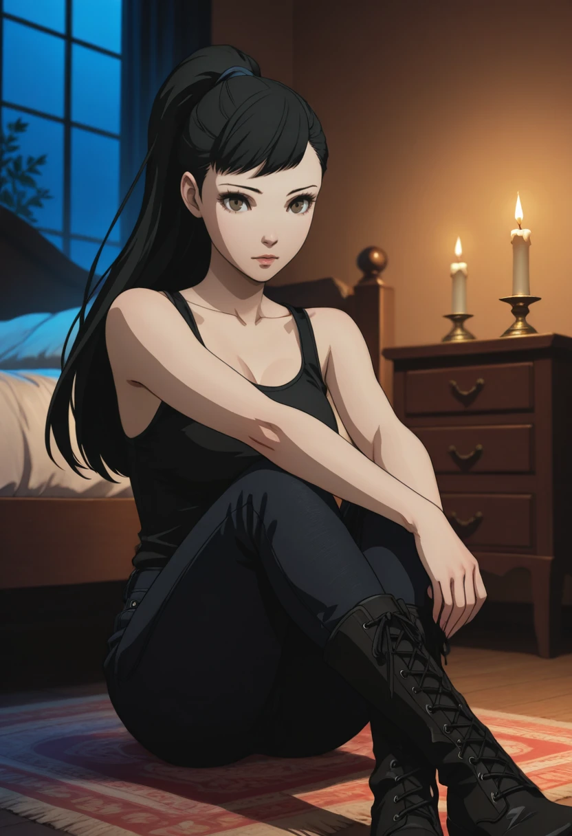 masterpiece, very aesthetic, best quality, absurdres, newest, solo,
<lora:ILP3Rio:1>
P3Rio, 1girl, black hair, ponytail, long hair, brown eyes, sitting on the floor, legs crossed, black jeans, black boots, black tank top, bedroom, at night, gothic, candles, dynamic lighting