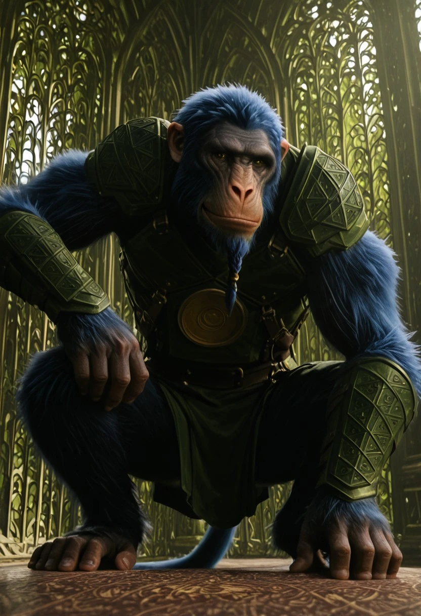 chistery_wicked, 1boy, male ape, furry, blue fur, scarred face, ape ears, blue hair, green and orange eyes (heterochromia), short braided beard, blue wings, long blue tail, green armor (golden plate on chest), green bracers,
score_9_up, score_8_up, score_7_up, BREAK, solo, from below, head tilt, horny, biting lips, smirk, squatting, spreading legs, looking at viewer, ultra detailed, detailed background, masterpiece, best quality, 8k, Expressiveh, realistic, 3d, outdors, day,