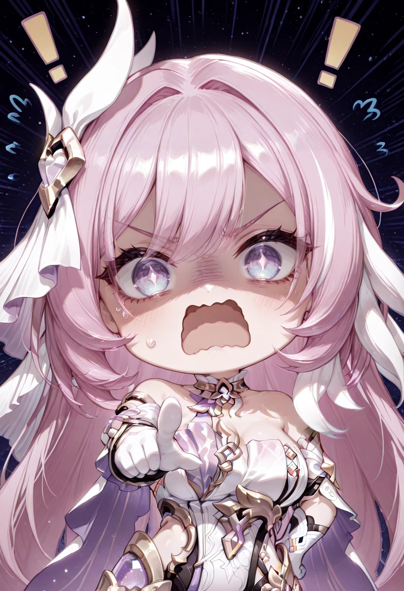 masterpiece, newest, absurdres, best quality, hires, 1girl, elysia, herrscher of human: ego \(honkai impact\), chibi, angry, wavy mouth, open mouth, exclamation, pointing at viewer