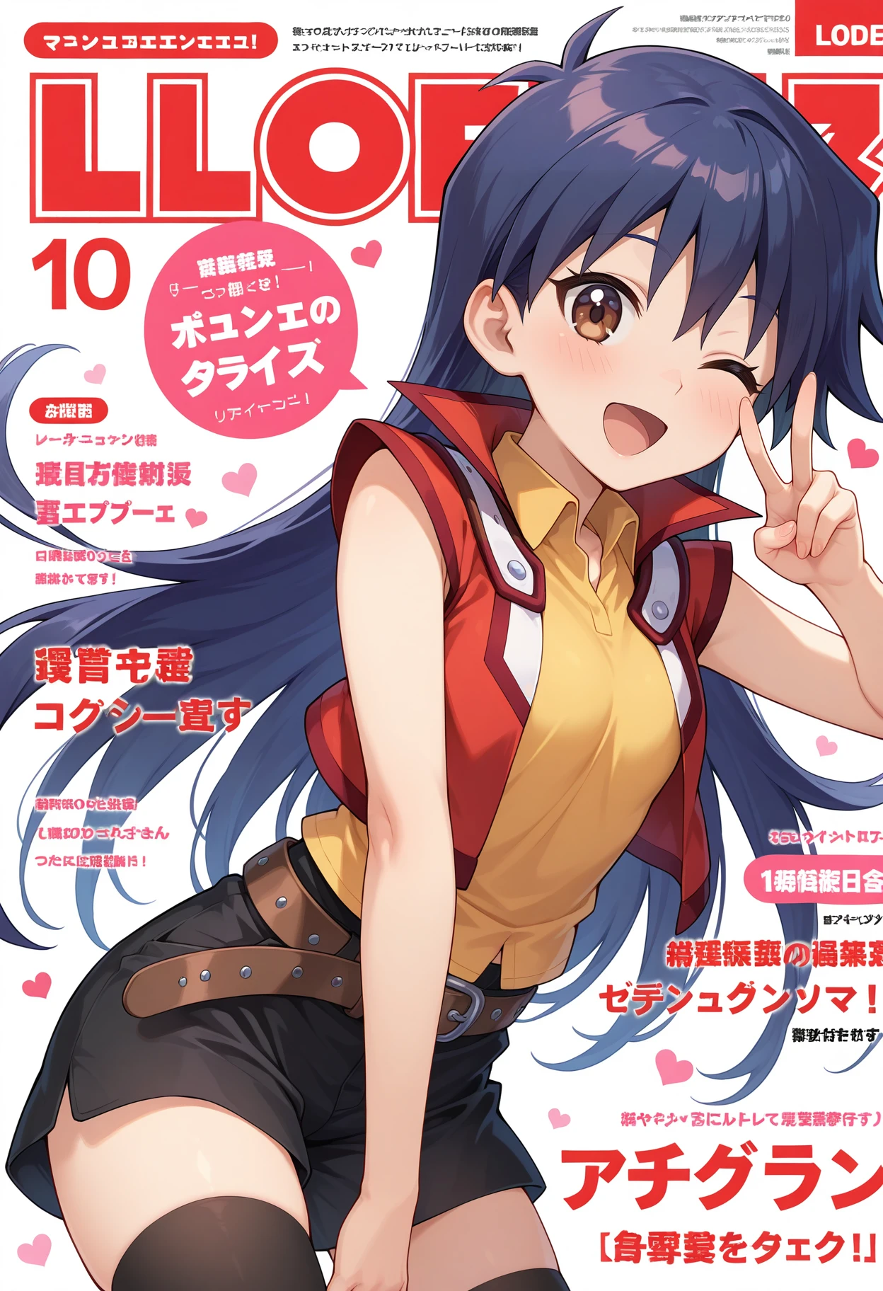 PlayboyCoverQuiron style, playboy cover, (High resolution:1.4), (masutepiece:1.2), (High quality:1.3) 1girl, saten ruiko, green eyes, long hair, black hair, small breast, smile, open mouth